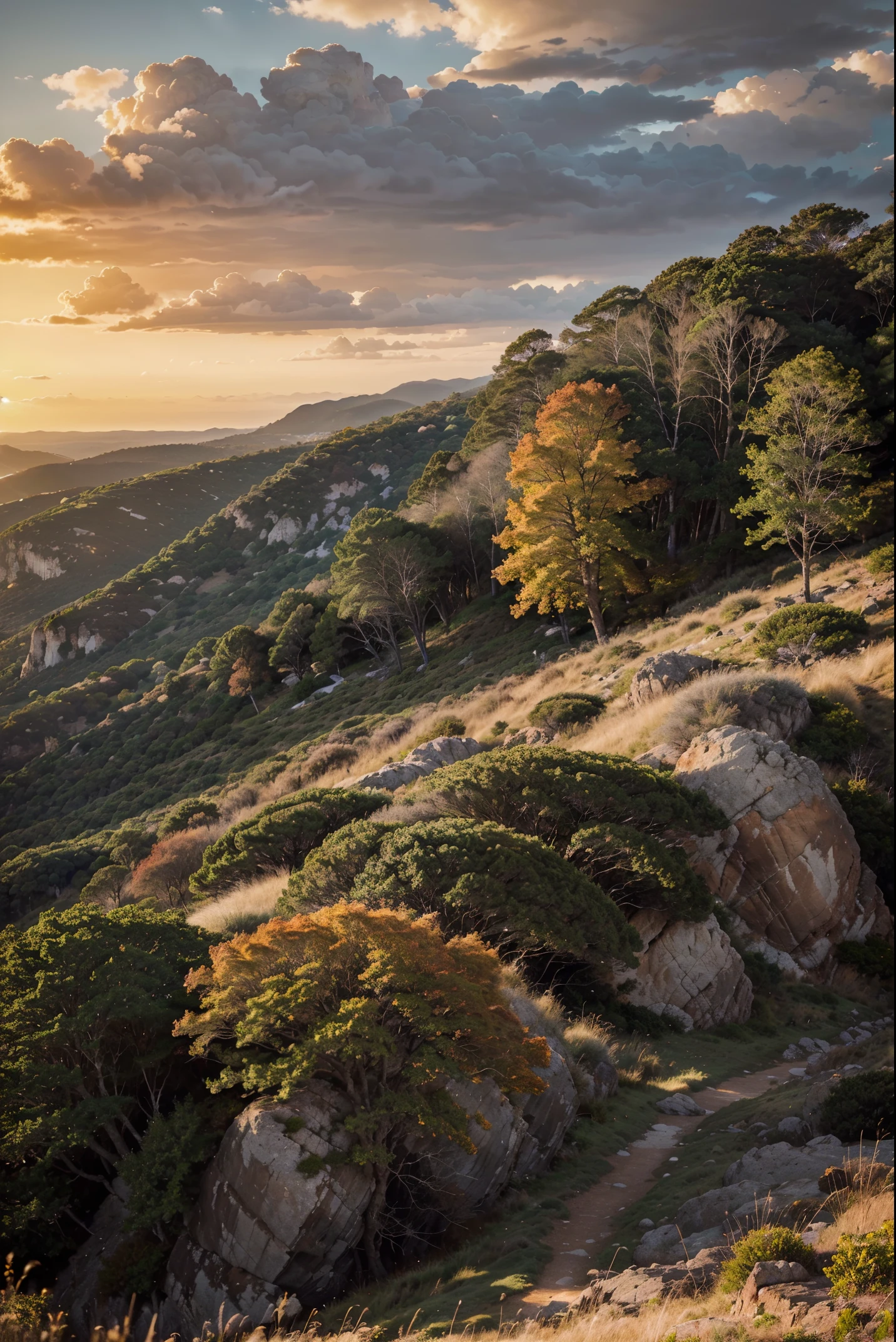 This image depicts a stunning landscape with rocky cliffs, lush trees, and a vibrant sunset. The dominant colors of brown and grey create a natural and earthy feel to the scene. In the foreground, we see a vast expanse of land with scattered rocks and patches of grass. The sky is filled with fluffy white clouds that add depth to the composition.