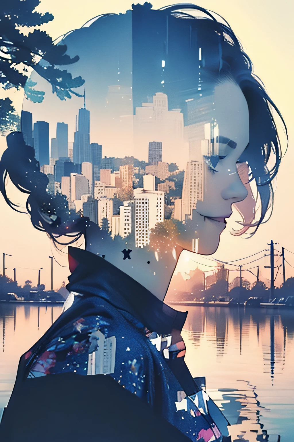 photoRealstic、((Super multiple exposure effect where the background can be seen through the clothes))、girl with、A smile、Lakeside in the background、Wonderful、towards the night view, If you leave the shutter open for a long time、create a line of light.