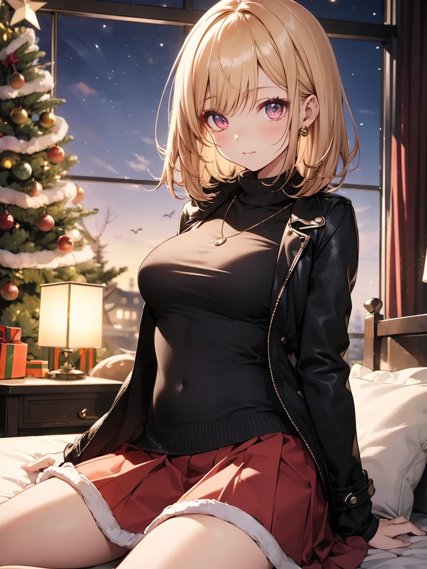 masterpiece, absurdres, best quality, ultra detailed, high Resolution, detailed illustration, (sfw), 1girl, (loli), cute face, detailed face, magenta eyes, cute eyes, sparkling eyes, big eyes, medium breasts, perky breasts, pointy breasts, medium hips, glamorous body, Surprised, BREAK, long bob cut, (blonde hair:0.8), messy hair, detailed hair, BREAK coat, sweater, long skirt, tiny ribbon, xmas date, Illumination, Christmas tree, outside, real world, natural lights, perfect lighting,