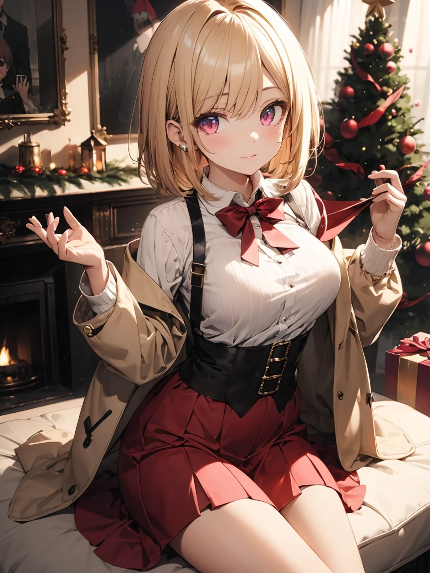 masterpiece, absurdres, best quality, ultra detailed, high Resolution, detailed illustration, (sfw), 1girl, (loli), cute face, detailed face, magenta eyes, cute eyes, sparkling eyes, big eyes, medium breasts, perky breasts, pointy breasts, medium hips, glamorous body, Surprised, BREAK, long bob cut, (blonde hair:0.8), messy hair, detailed hair, BREAK coat, sweater, long skirt, tiny ribbon, xmas date, Illumination, Christmas tree, outside, real world, natural lights, perfect lighting,