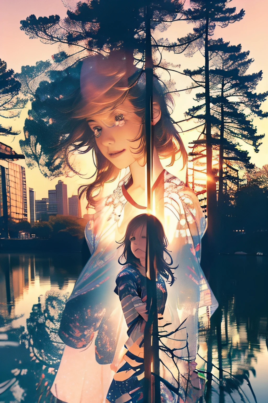 photoRealstic、((Super multiple exposure effect where the background can be seen through the clothes))、girl with、A smile、Lakeside in the background、Wonderful、towards the night view, If you leave the shutter open for a long time、create a line of light.