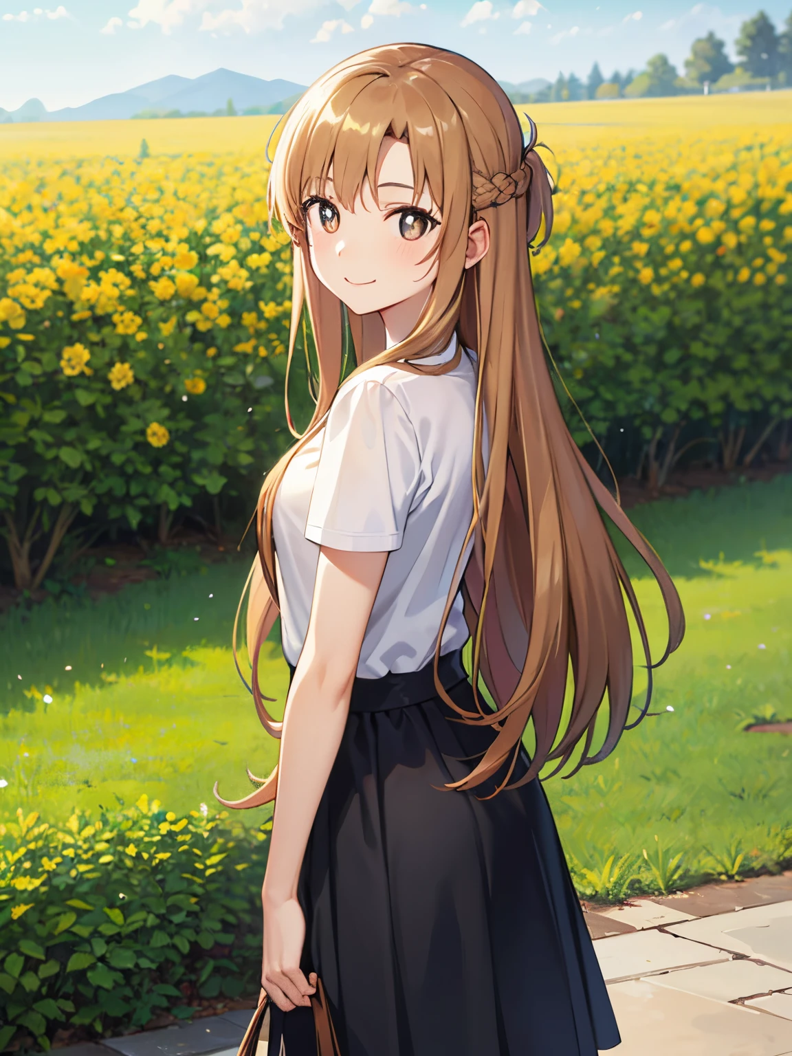 top-quality、Beautiful flowers々Park in full bloom、Asuna、 [3D images:1.15],hight resolution、a park、Best Quality, High resolution, front-facing view、long hair overall、1girl in, firm face, Smile, Long hair, Brown hair, Brown eyes, Bright pupils, Cute clothes、tshirts、The shirt、Cute skirt、absolute reference to center、Dating