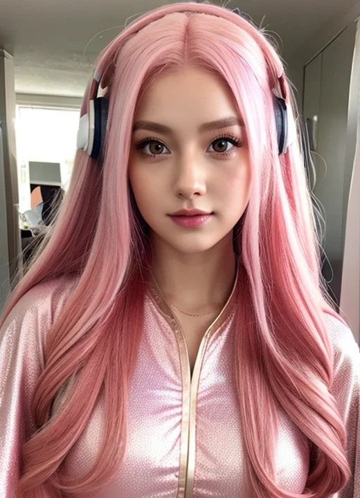 gamer girl, vibrant pink hair, long hair, makeup, in hero costume