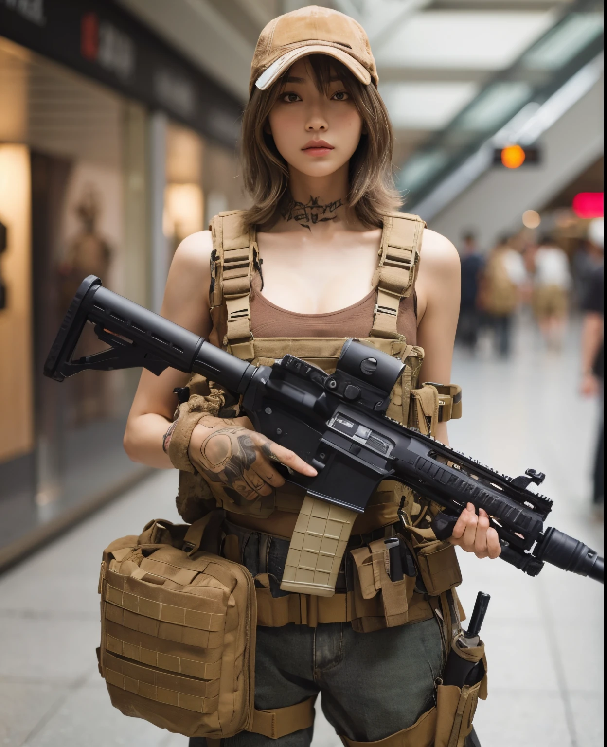 (best quality,8k,photorealistic:1.37),realistic skin texture,beautiful Japanese woman in the U.S. military disembarking from a vehicle,rifle,bulletproof vest,huge factory remains,pipes attached to the walls,in front of a collapsed wall,military vehicles,wearing a baseball cap