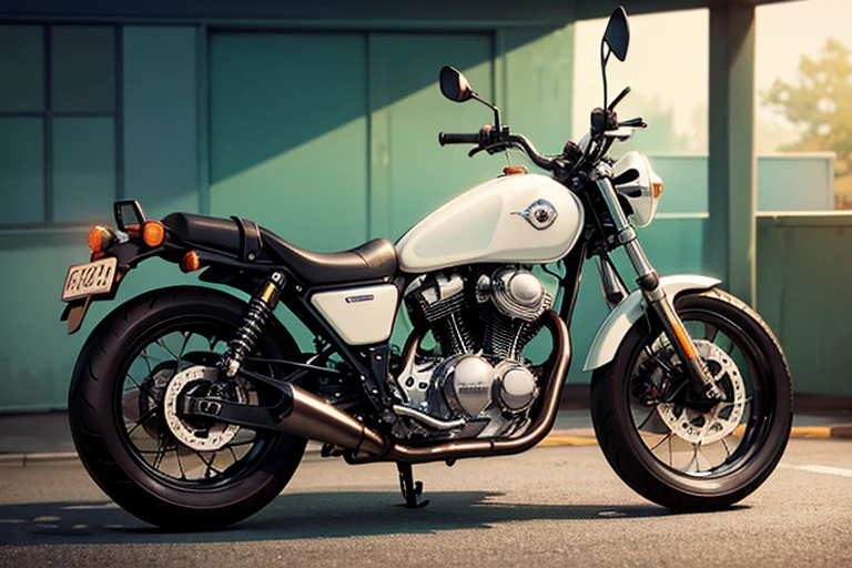 A naked type motorcycle with a round headlight shining