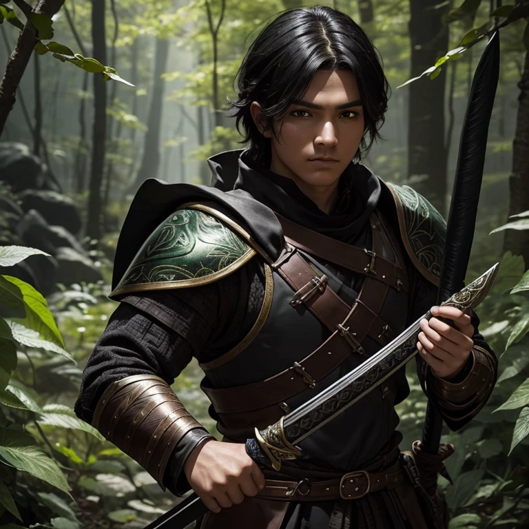 I want to create a fantasy RPG style character of a ranger who has black hair and light brown eyes wearing plate armor made of small leaves of mental and dark green leather decorated with black stones in his hand is a bow made of black oak and at his waist a long sword.
