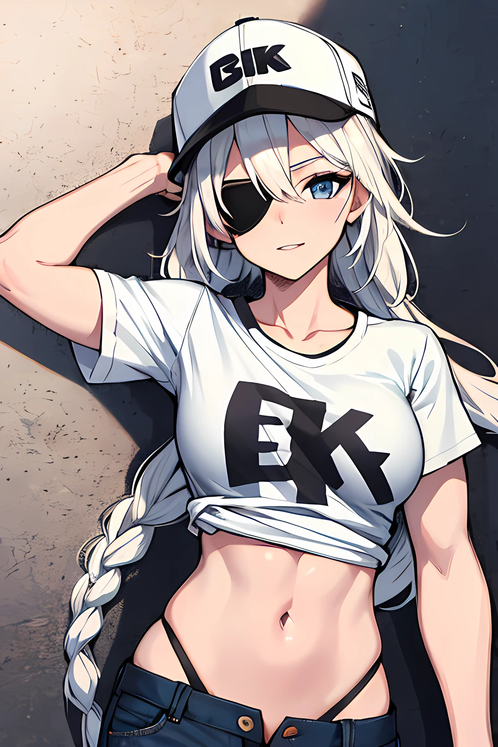 (absurdres, 8k, 4k, masterpiece, hyper extreme detailed:1.2), solo, 1girl, portrait, best quality, expressive eyes, perfect face, portrait, looking at viewer, solo, standing, casual wear, toned, white haired, eye patch, braided hair, long hair, medium breasts, scars, blue eyes, very long hair, military, shorts, white t-shirt, toned body, athletic body, muscular, friendly, calm, graphic t-shirt, medium bust, graphic t-shirt, baseball cap,