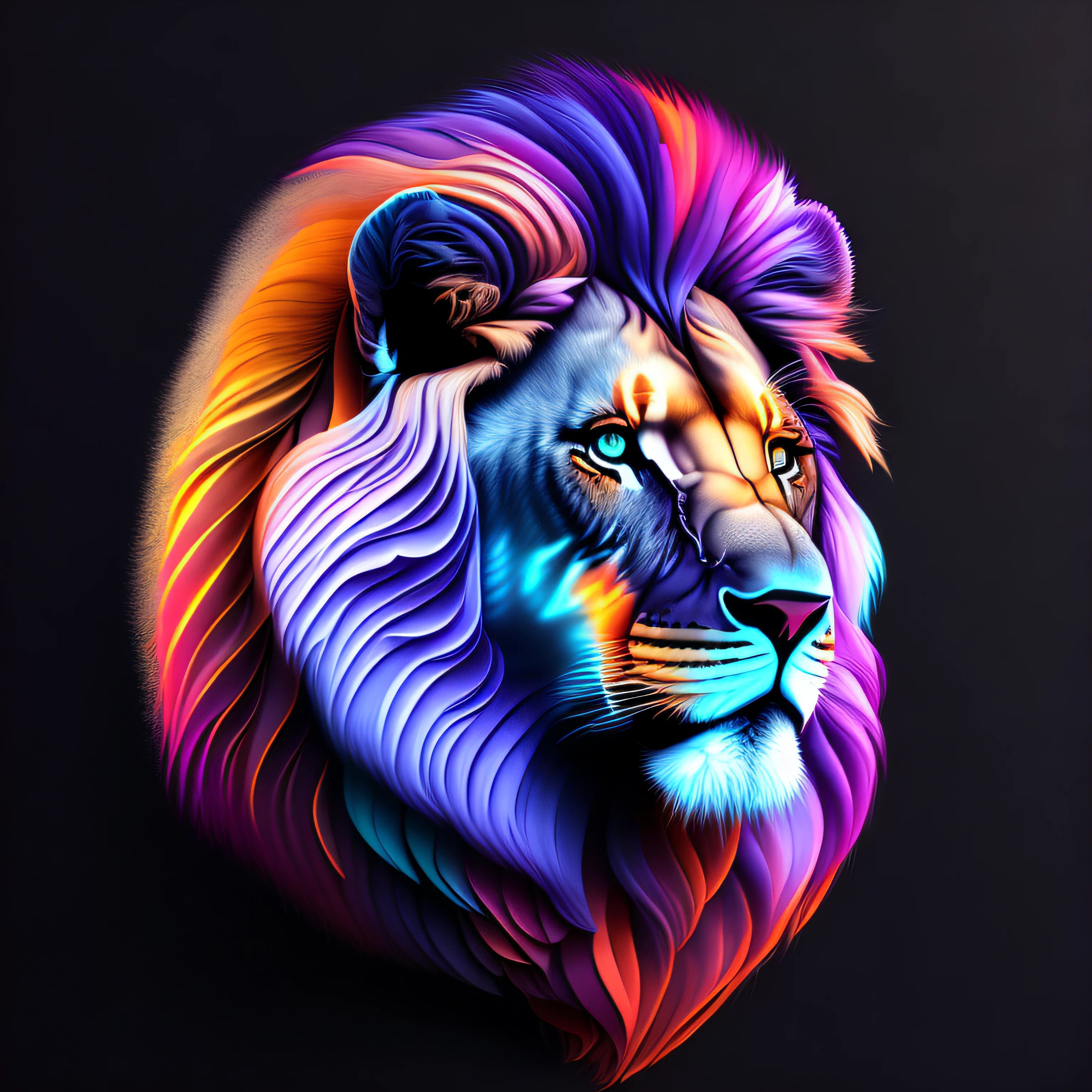 intricate and colorful, (digital painting:1.2) lion's head, bright neon fur, portrait, concept art, octane render, trending on artstation, neon-noir background, iolibt, vfx, Blender and Photoshop, octane render, excellent composition, cinematic atmosphere, dynamic dramatic cinematic lighting, aesthetic, very inspirational, arthouse,(dark plain black background:1.4))