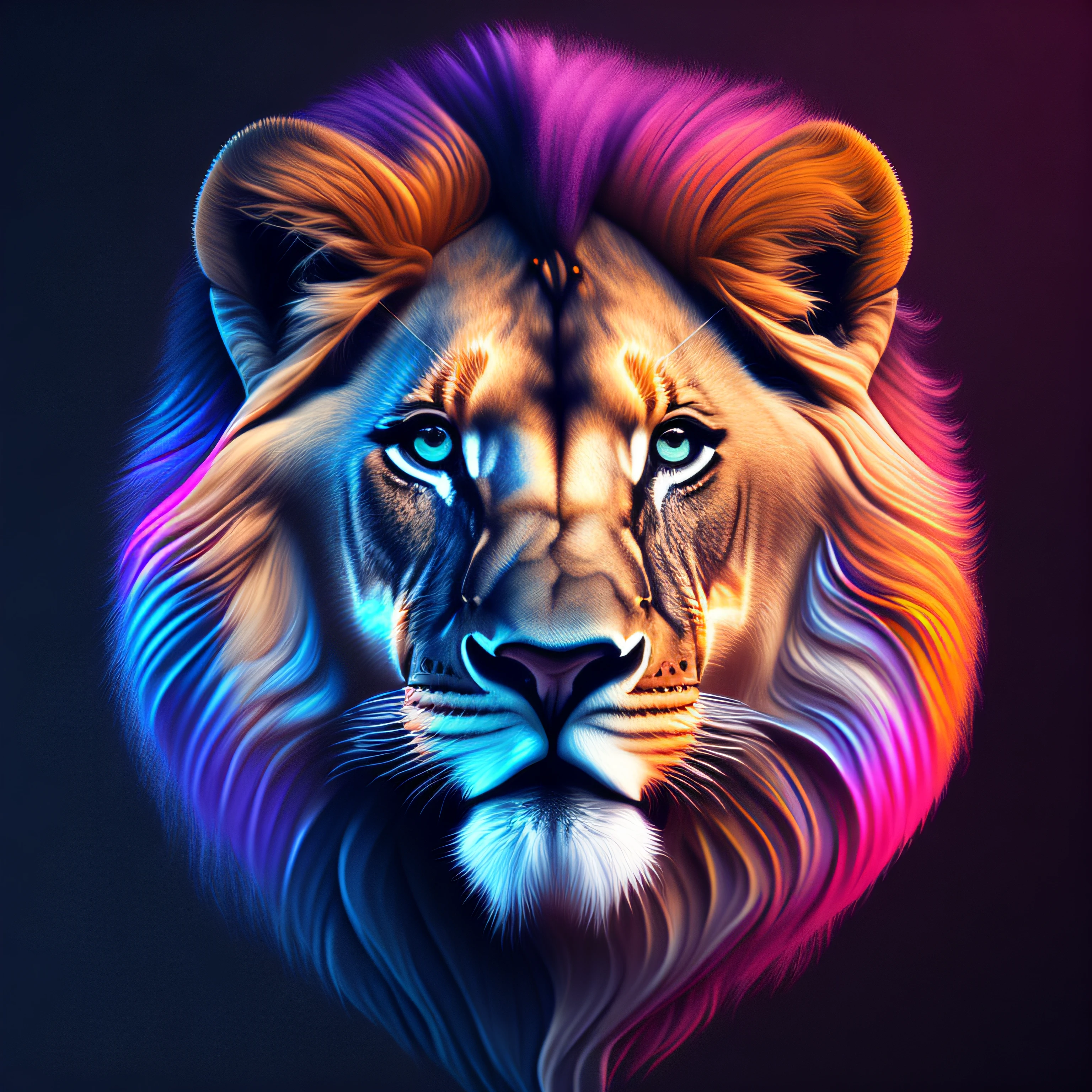 intricate and colorful, (digital painting:1.2) lion's head, bright neon fur, portrait, concept art, octane render, trending on artstation, neon-noir background, iolibt, vfx, Blender and Photoshop, octane render, excellent composition, cinematic atmosphere, dynamic dramatic cinematic lighting, aesthetic, very inspirational, arthouse,(dark plain black background:1.4))