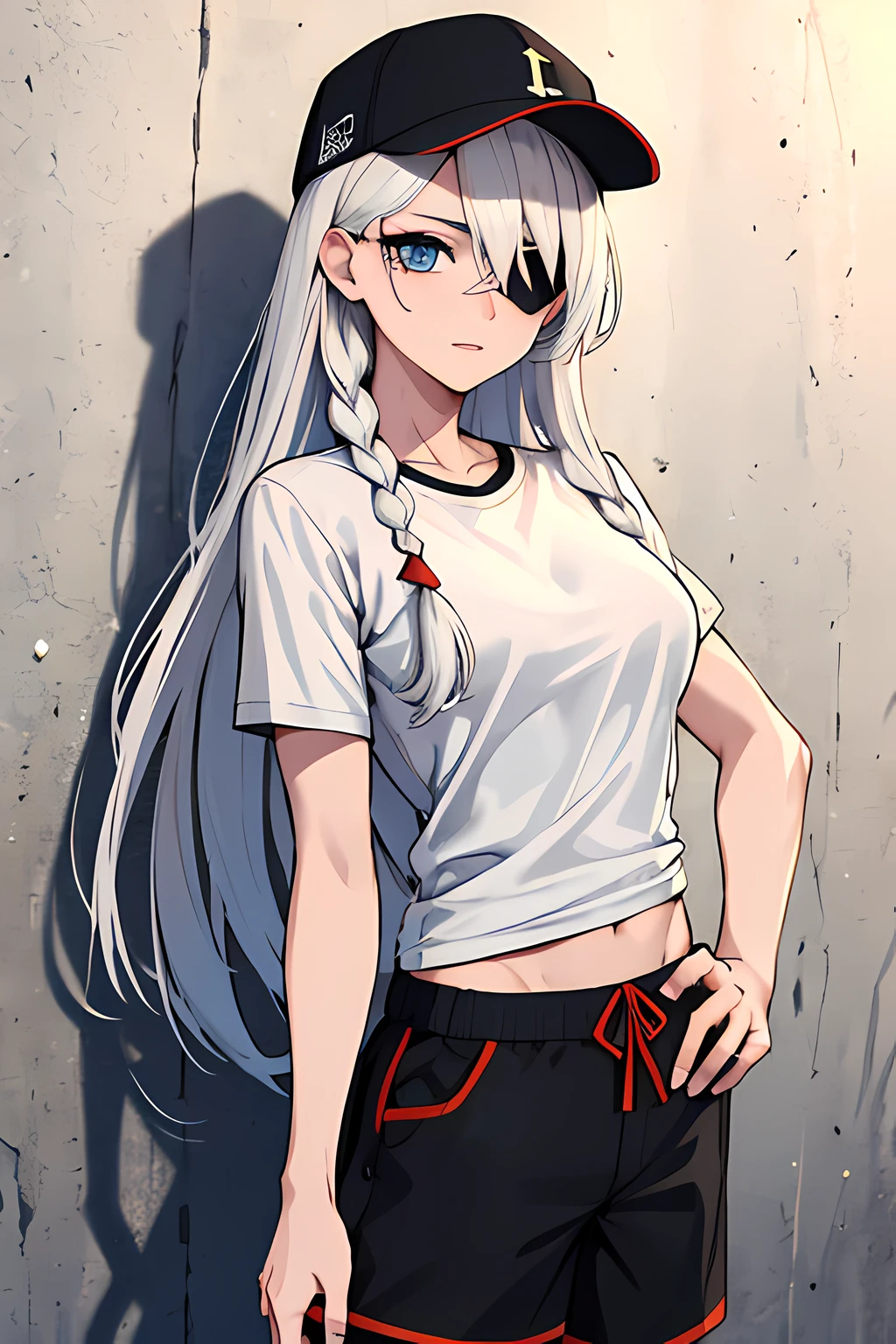 (absurdres, 8k, 4k, masterpiece, hyper extreme detailed:1.2), solo, 1girl, portrait, best quality, expressive eyes, perfect face, portrait, looking at viewer, solo, standing, casual wear, toned, white haired, eye patch, braided hair, long hair, medium breasts, scars, blue eyes, very long hair, military, shorts, white t-shirt, toned body, athletic body, muscular, friendly, calm, graphic t-shirt, medium bust, graphic t-shirt, baseball cap,