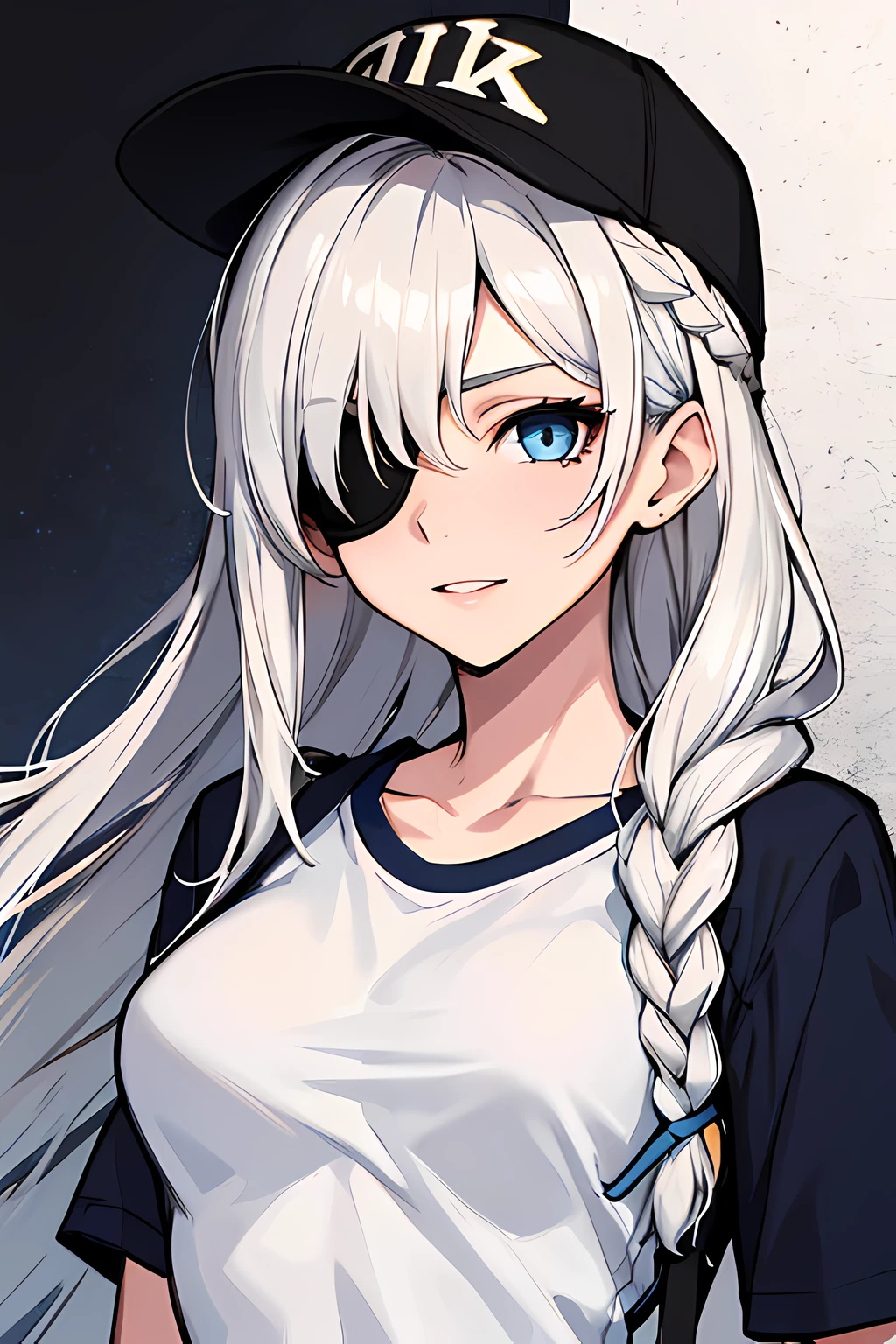 (absurdres, 8k, 4k, masterpiece, hyper extreme detailed:1.2), solo, 1girl, portrait, best quality, expressive eyes, perfect face, portrait, looking at viewer, solo, standing, casual wear, toned, white haired, eye patch, braided hair, long hair, medium breasts, scars, blue eyes, very long hair, military, shorts, white t-shirt, toned body, athletic body, muscular, friendly, calm, graphic t-shirt, medium bust, graphic t-shirt, baseball cap,