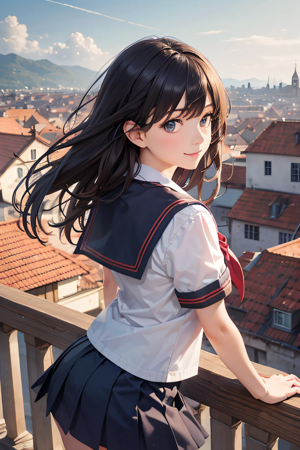very cute and beautiful school girl,,(very detailed beautiful face and eyes:1.2),(Cowboy Shot),
Smile,Black hair,Seifuku,(Mini skirt),Dynamic Pose,Dynamic Angle,Looking at Viewer,
many european houses with red roofs,(Town overview:1.2),
(Best Quality,masutepiece:1.2),Intricate details,Extremely detailed,Ultra-detailed,8K resolution,Solo,Natural lighting,
Hair fluttering in the wind,Beautiful detailed sky,(Realistic),