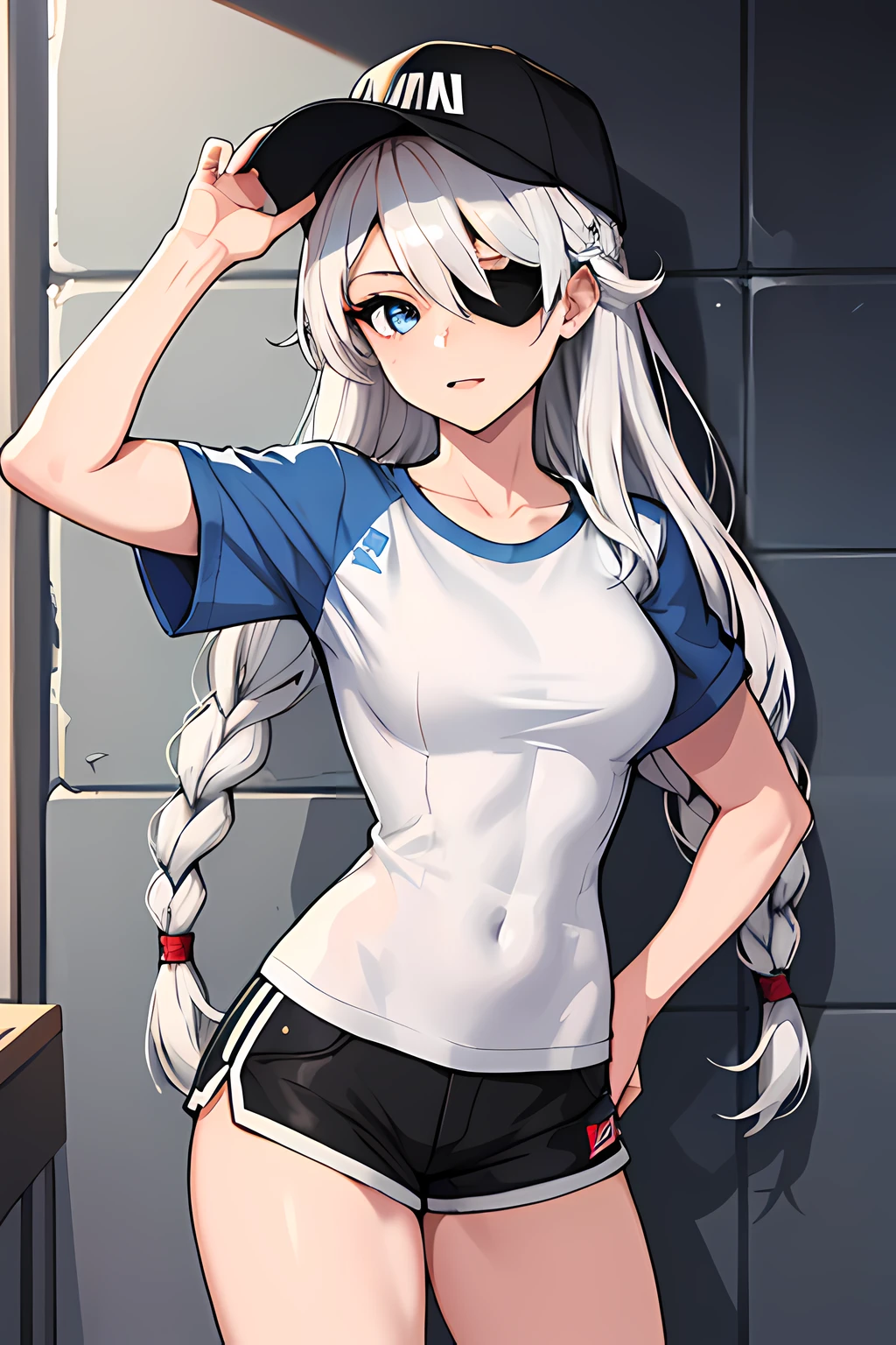 (absurdres, 8k, 4k, masterpiece, hyper extreme detailed:1.2), solo, 1girl, portrait, best quality, expressive eyes, perfect face, portrait, looking at viewer, solo, standing, casual wear, toned, white haired, eye patch, braided hair, long hair, medium breasts, scars, blue eyes, very long hair, military, shorts, white t-shirt, toned body, athletic body, muscular, friendly, calm, graphic t-shirt, medium bust, graphic t-shirt, baseball cap,