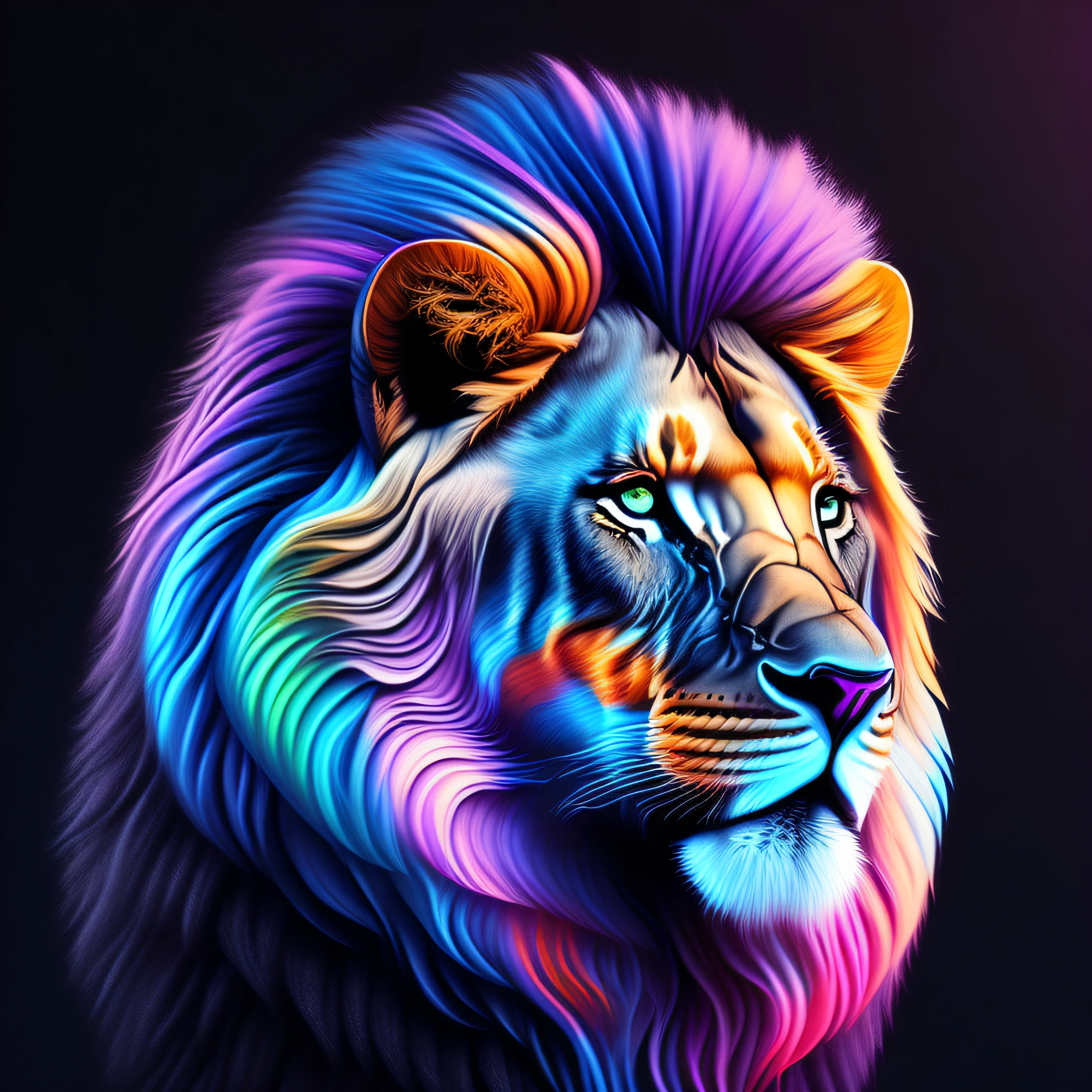 intricate and colorful, (digital painting:1.2) lion's head, bright neon fur, portrait, concept art, octane render, trending on artstation, neon-noir background, iolibt, vfx, Blender and Photoshop, octane render, excellent composition, cinematic atmosphere, dynamic dramatic cinematic lighting, aesthetic, very inspirational, arthouse,(dark plain black background:1.4))