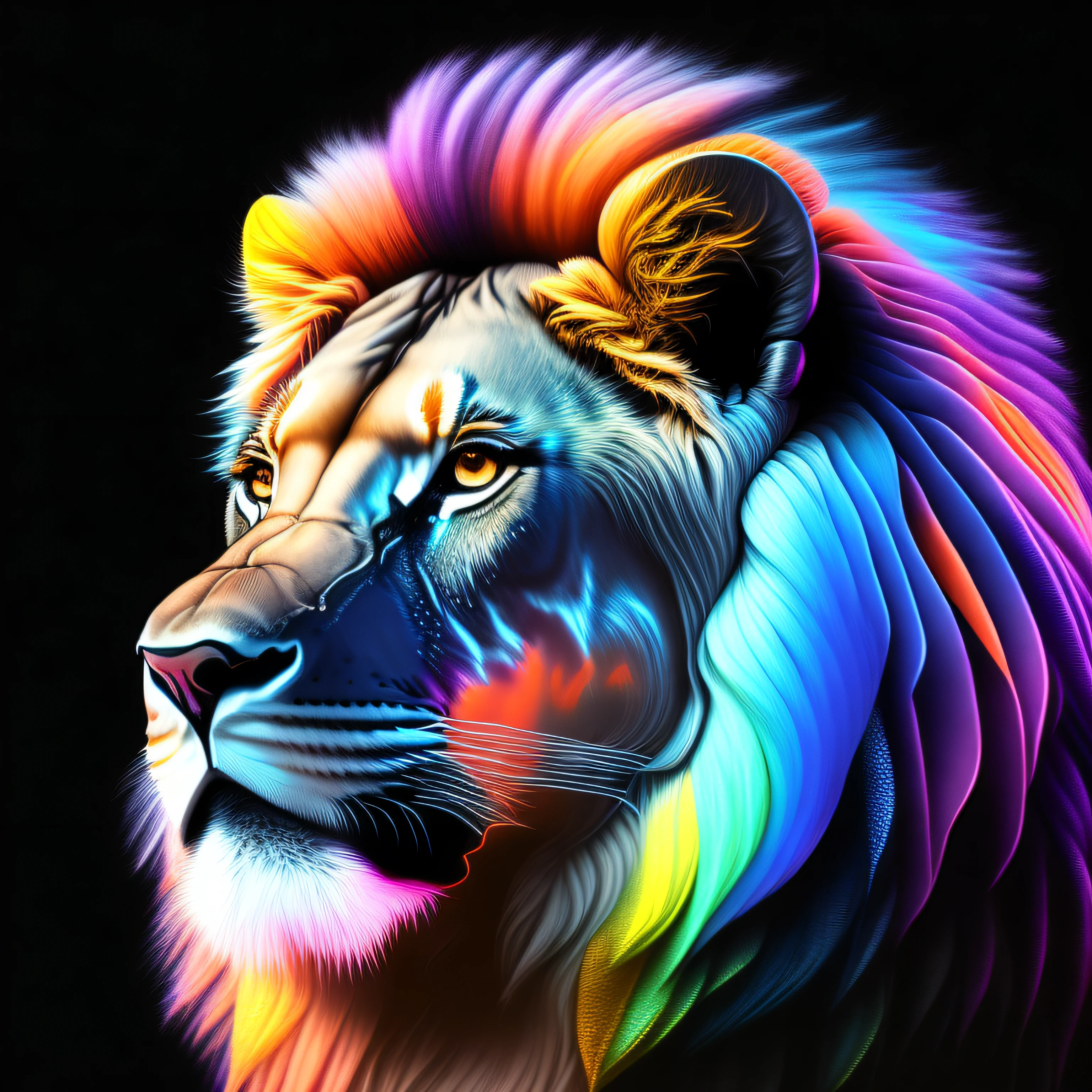 intricate and colorful, (digital painting:1.2) lion's head, bright neon fur, portrait, concept art, octane render, trending on artstation, neon-noir background, iolibt, vfx, Blender and Photoshop, octane render, excellent composition, cinematic atmosphere, dynamic dramatic cinematic lighting, aesthetic, very inspirational, arthouse,(dark plain black background:1.4))