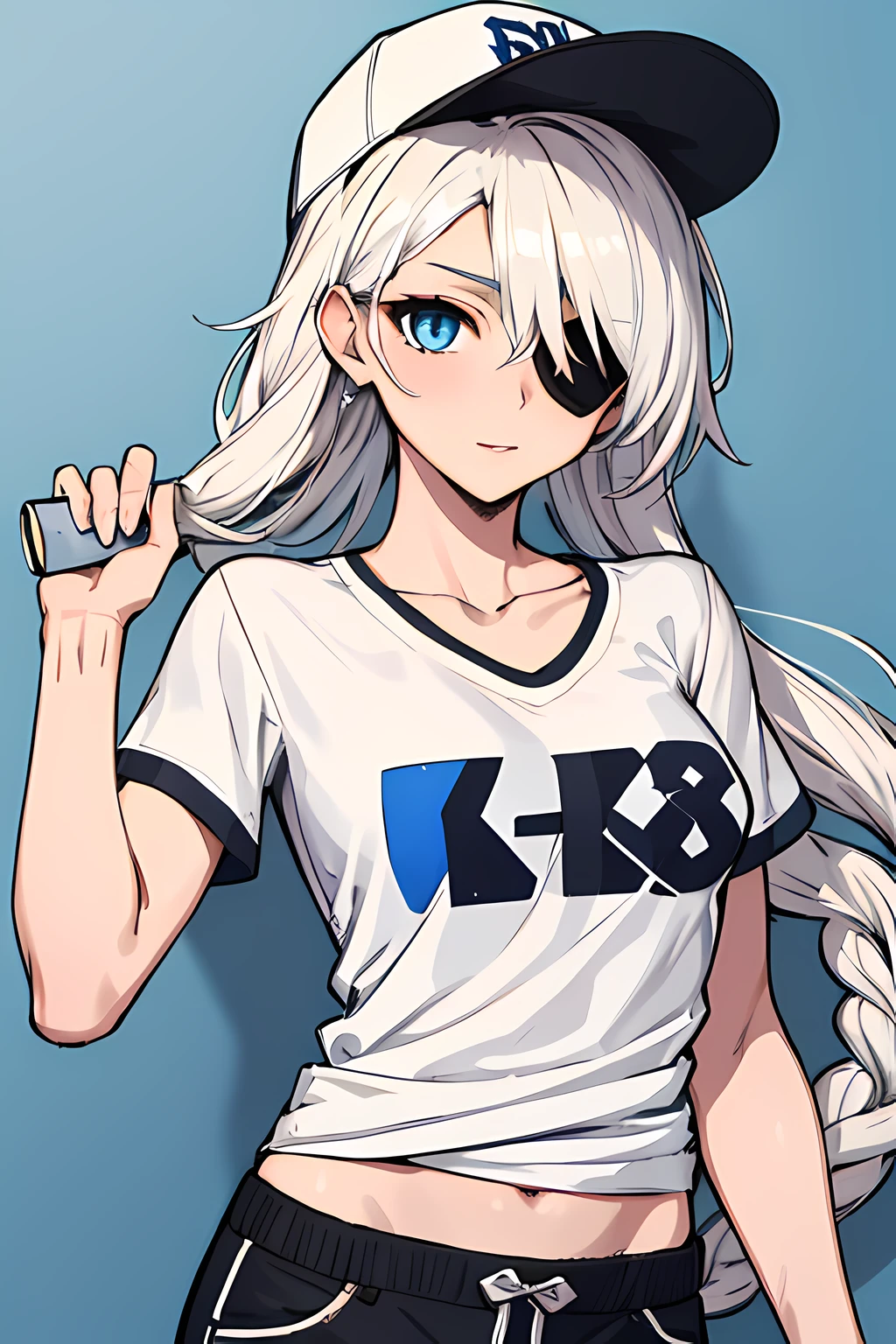 (absurdres, 8k, 4k, masterpiece, hyper extreme detailed:1.2), solo, 1girl, portrait, best quality, expressive eyes, perfect face, portrait, looking at viewer, solo, standing, casual wear, toned, white haired, eye patch, braided hair, long hair, medium breasts, scars, blue eyes, very long hair, military, shorts, white t-shirt, toned body, athletic body, muscular, friendly, calm, graphic t-shirt, medium bust, graphic t-shirt, baseball cap,