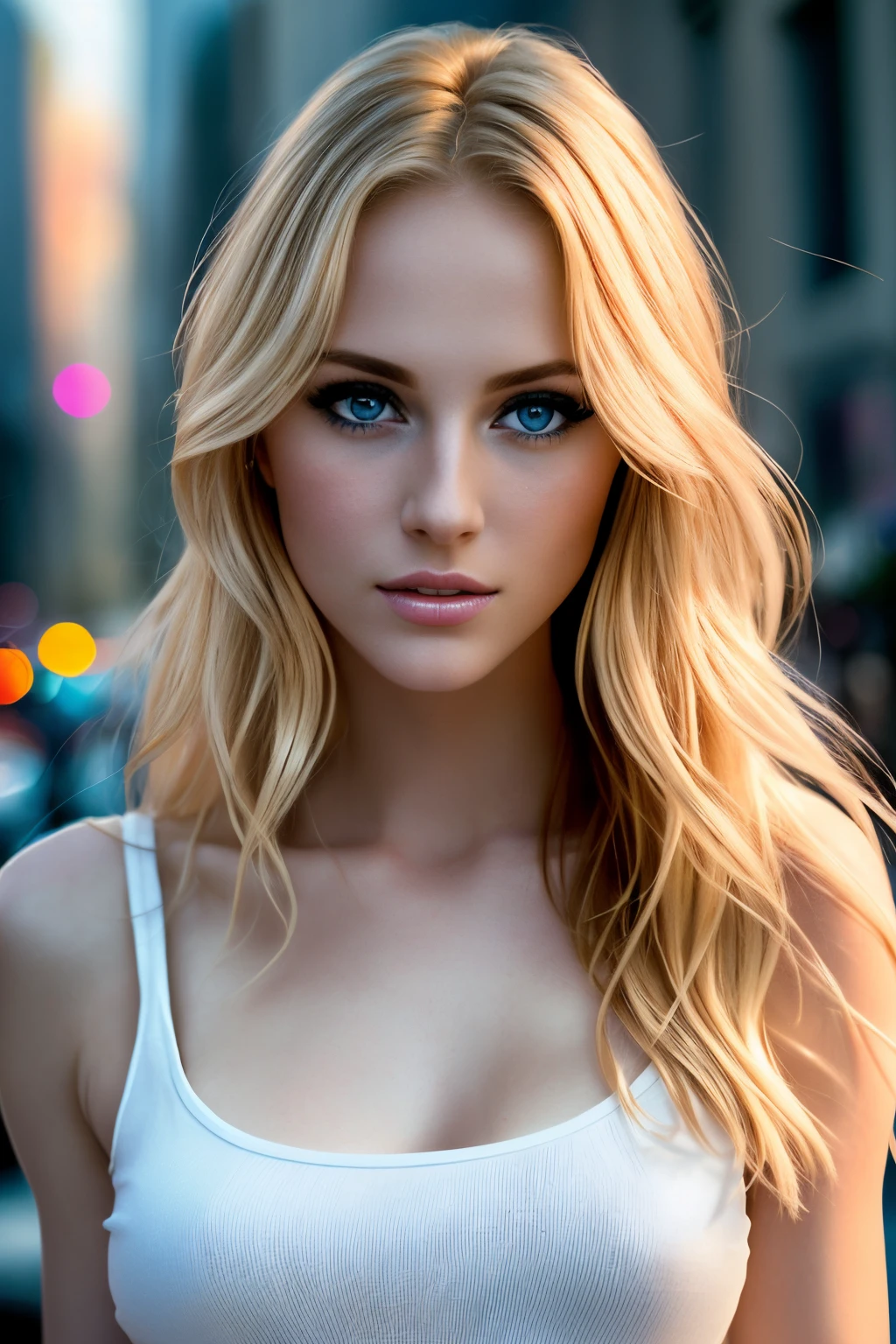 Blonde woman with blue eyes and white T-shirt in town, a beautiful blonde, beautiful model girl, beautiful girl model, blonde woman, beautiful portrait image, Beautiful portrait lighting, a beautiful blonde, blonde woman, Perfectly lit face, Beautiful female model, blonde hair and large eyes, Portrait of a beautiful model, beautiful model, von Anthony Devas, blonde goddess