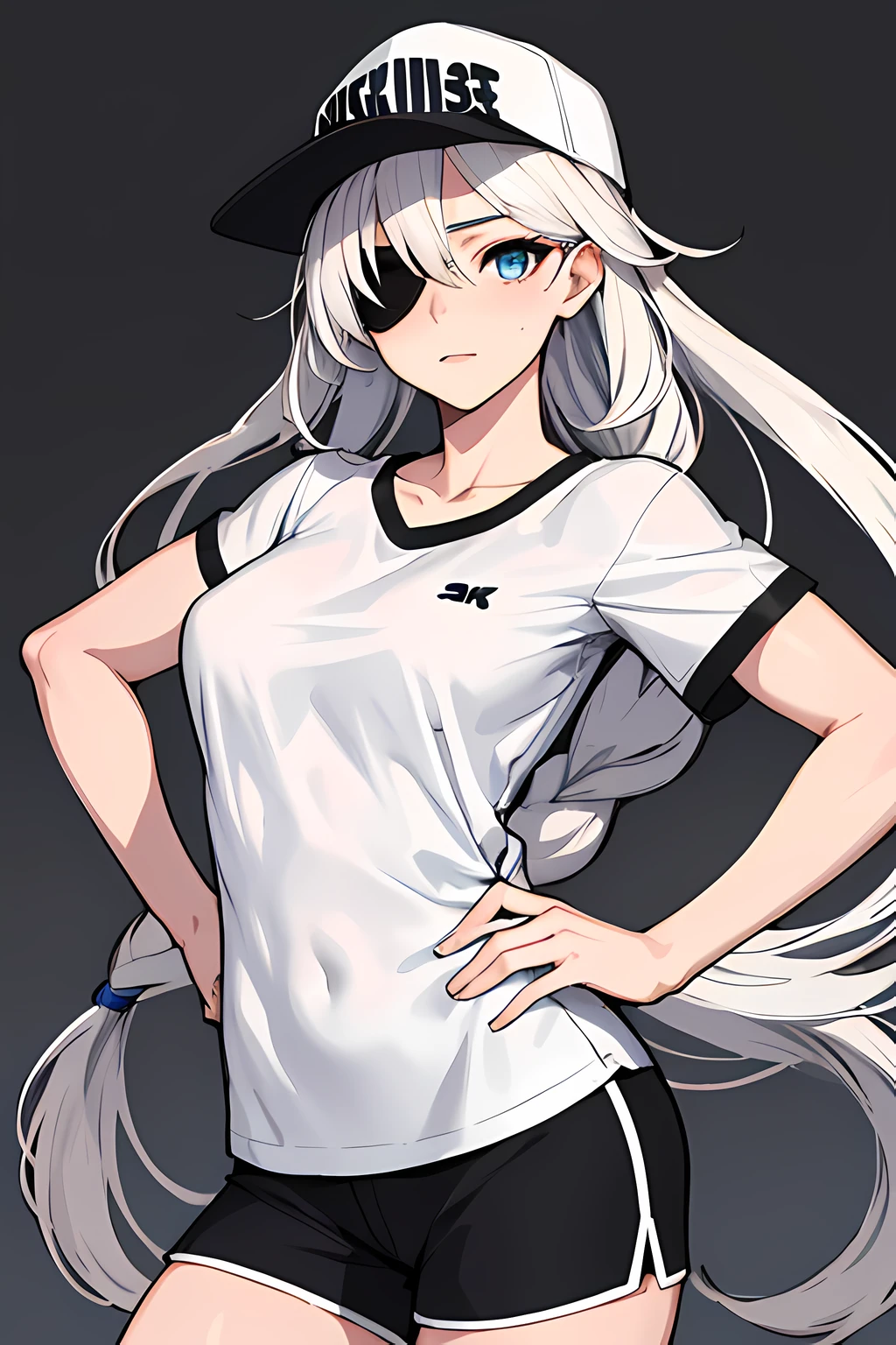 (absurdres, 8k, 4k, masterpiece, hyper extreme detailed:1.2), solo, 1girl, portrait, best quality, expressive eyes, perfect face, portrait, looking at viewer, solo, standing, casual wear, toned, white haired, eye patch, braided hair, long hair, medium breasts, scars, blue eyes, very long hair, military, shorts, white t-shirt, toned body, athletic body, muscular, friendly, calm, graphic t-shirt, medium bust, graphic t-shirt, baseball cap,
