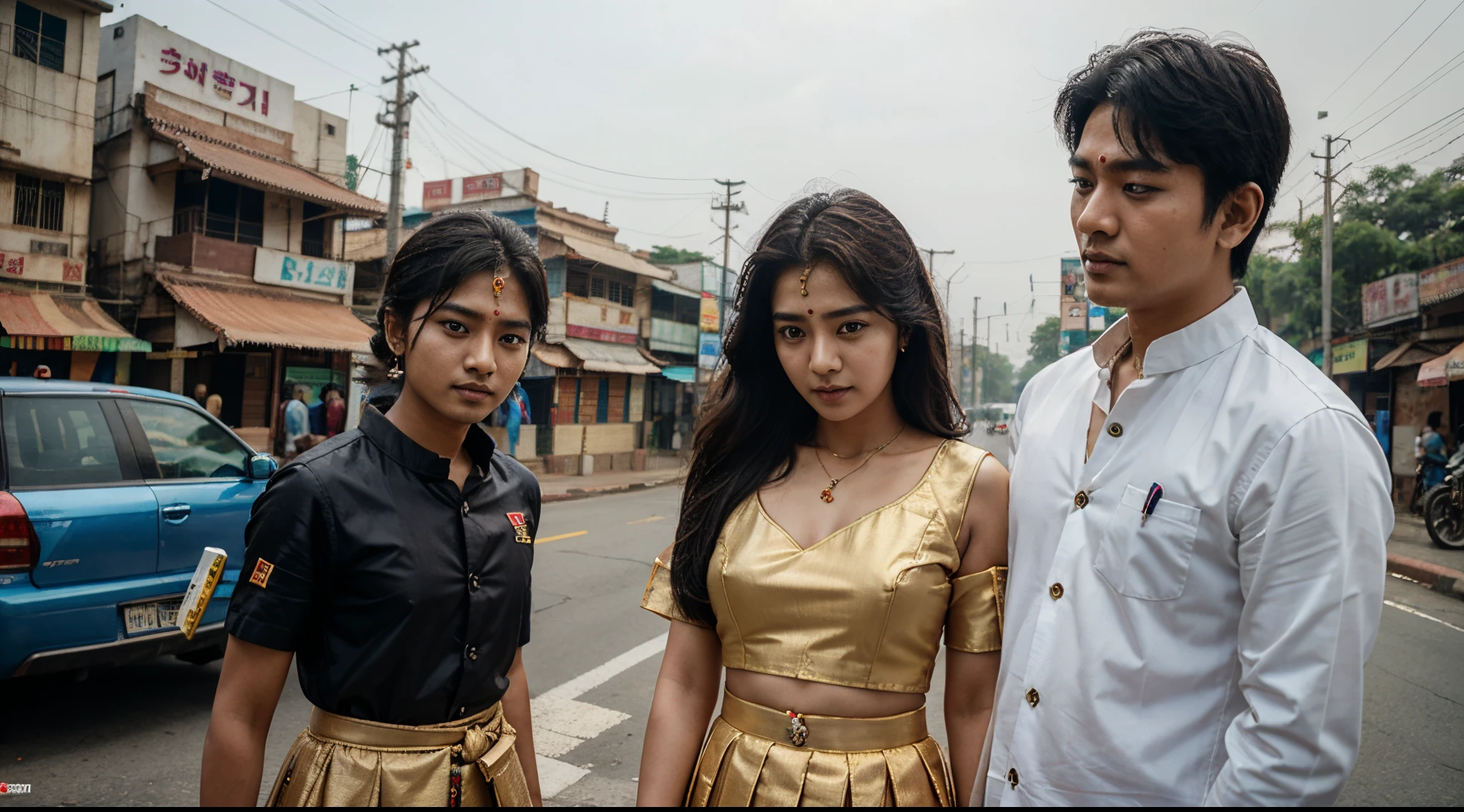 Korean boy in Tamil Nadu traditional outfit at cyberpunk city with indian girl
