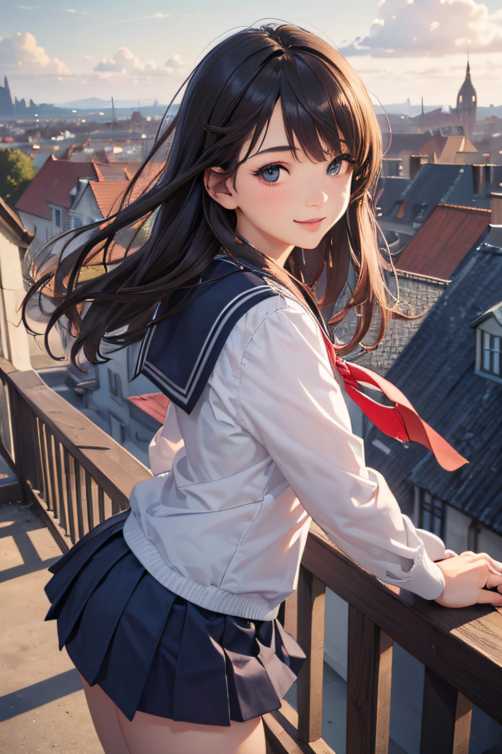 very cute and beautiful school girl,Teen,(very detailed beautiful face and eyes:1.2),(Cowboy Shot),
Smile,Black hair,Seifuku,(Mini skirt),Dynamic Pose,Dynamic Angle,Looking at Viewer,
many european houses with red roofs,(Town overview:1.2),
(Best Quality,masutepiece:1.2),Intricate details,Extremely detailed,Ultra-detailed,8K resolution,Solo,Natural lighting,
Hair fluttering in the wind,Beautiful detailed sky,(Realistic),