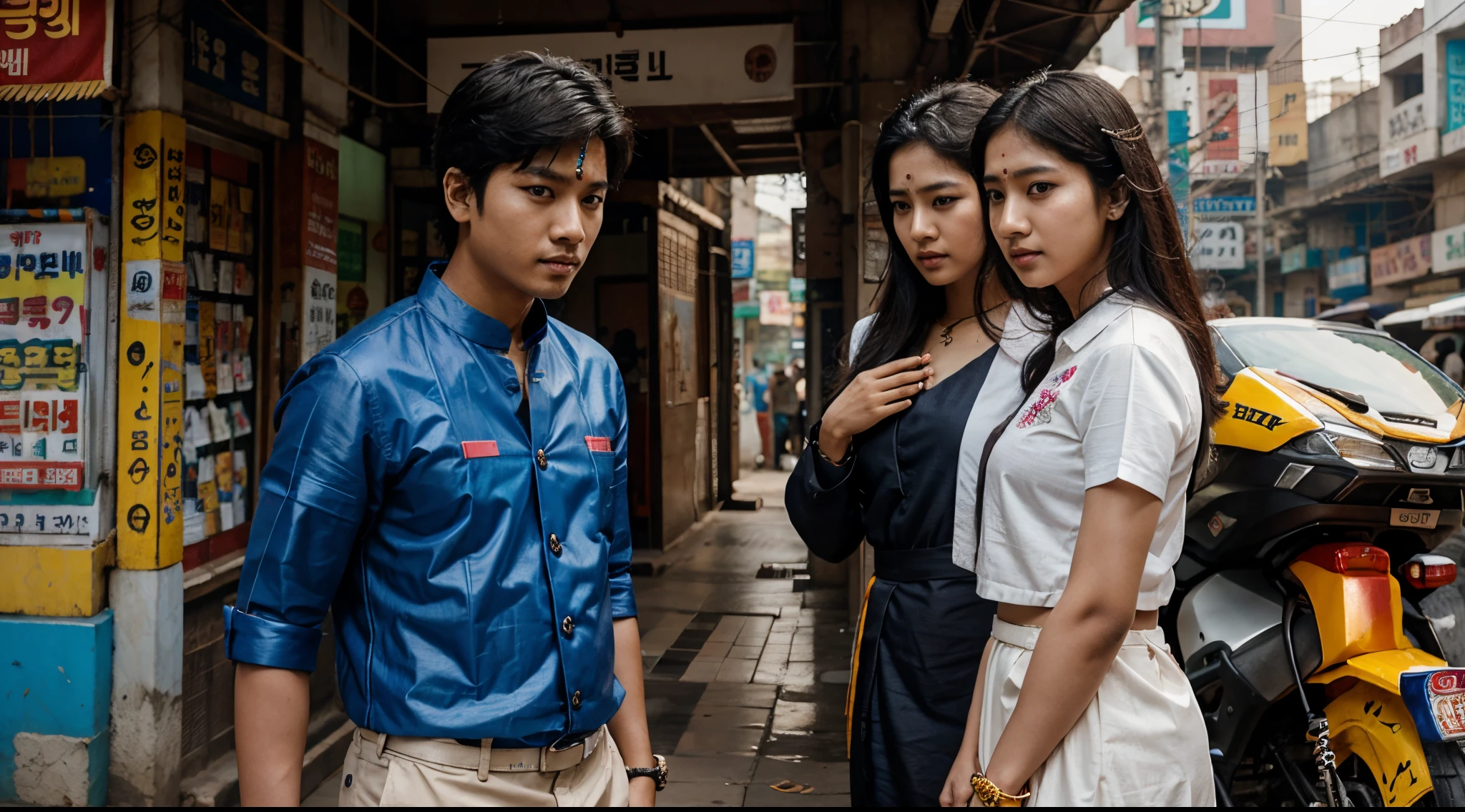 Korean boy in Tamil Nadu traditional outfit at cyberpunk city with indian girl