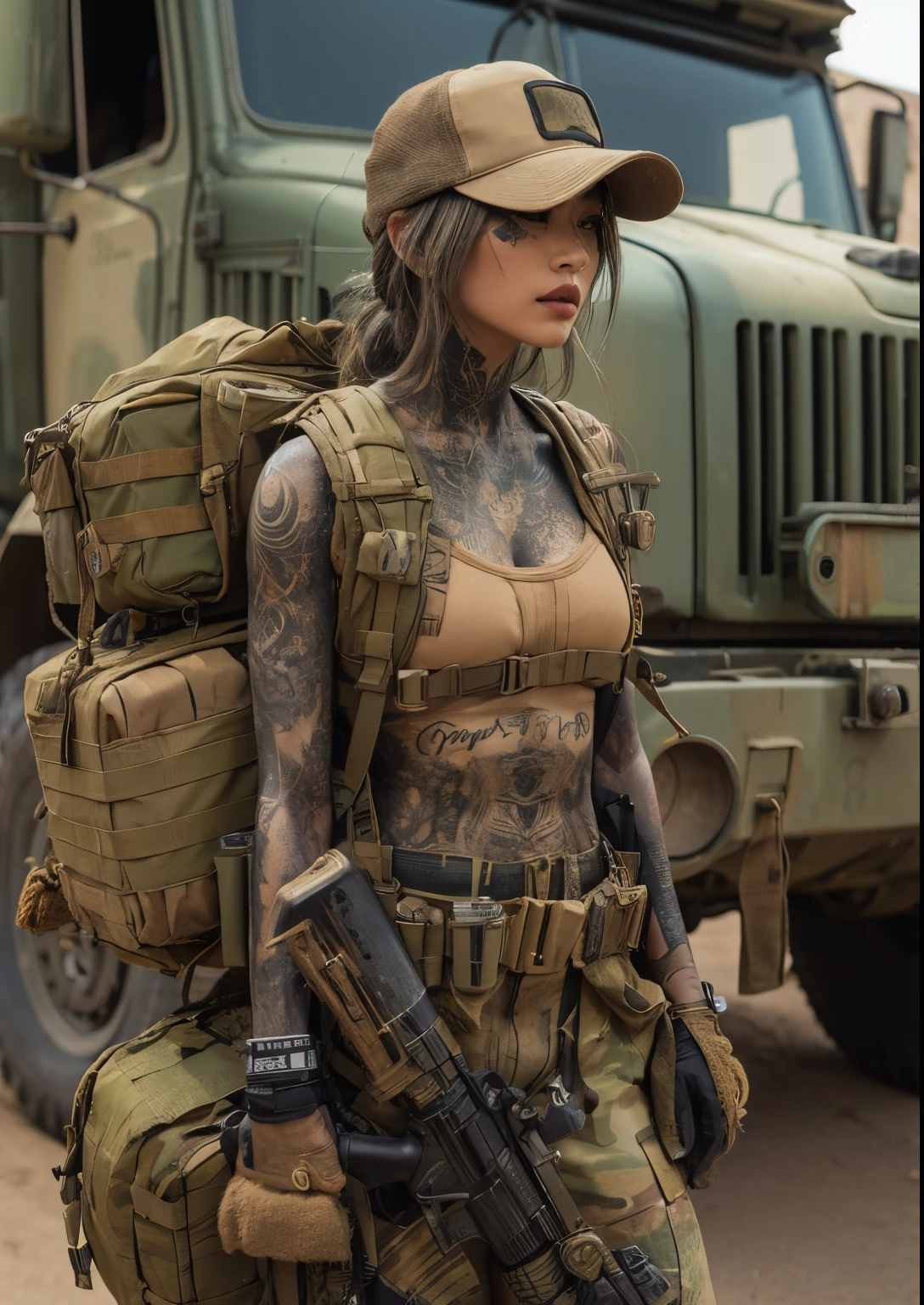 Photorealsitic、Realistic skin texture body tattoo、Sharp Focus,Tank Tops、The tattoo