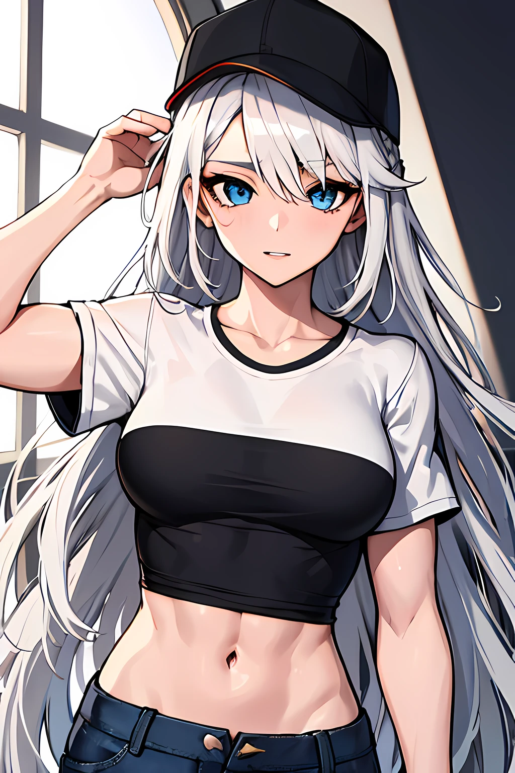 (absurdres, 8k, 4k, masterpiece, hyper extreme detailed:1.2), solo, 1girl, portrait, best quality, expressive eyes, perfect face, portrait, looking at viewer, solo, standing, casual wear, toned, white haired, eye patch, braided hair, long hair, medium breasts, scars, blue eyes, very long hair, military, shorts, white t-shirt, toned body, athletic body, muscular, friendly, calm, graphic t-shirt, medium bust, graphic t-shirt, baseball cap,