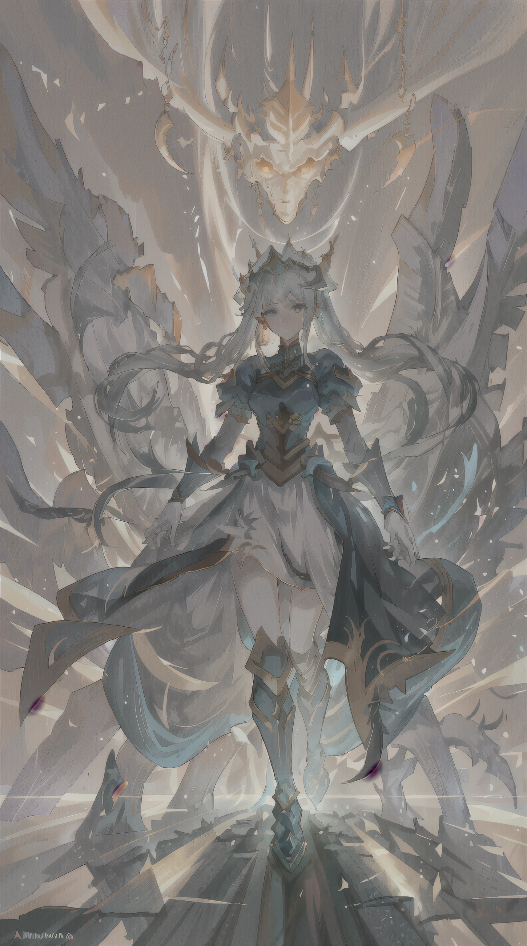 Photos taken from video games,Showing a woman wearing a long dress, shadow poetry style, Shadowverse character concept, ( ( AI Art God King ) ), Queen of the Sea Mu Yanling, shadowverse, author:heroes, Beautiful celestial mage, Starting from the night of the ark, xianxia hero, 《genshin impact》Ke Qingyu, a huge god