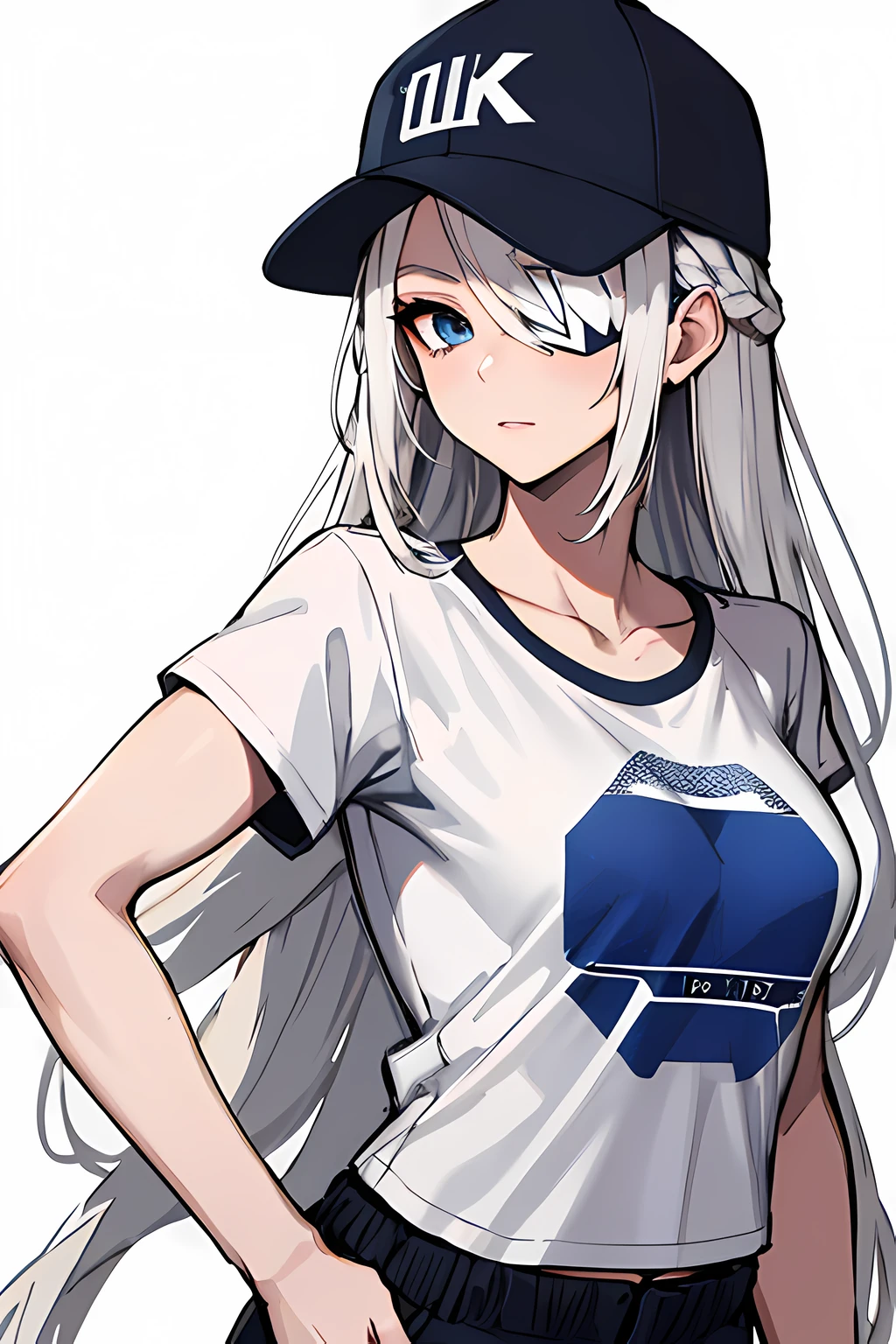 (absurdres, 8k, 4k, masterpiece, hyper extreme detailed:1.2), solo, 1girl, portrait, best quality, expressive eyes, perfect face, portrait, looking at viewer, solo, standing, casual wear, toned, white haired, eye patch, braided hair, long hair, medium breasts, scars, blue eyes, very long hair, military, shorts, white t-shirt, toned body, athletic body, muscular, friendly, calm, graphic t-shirt, medium bust, graphic t-shirt, baseball cap,
