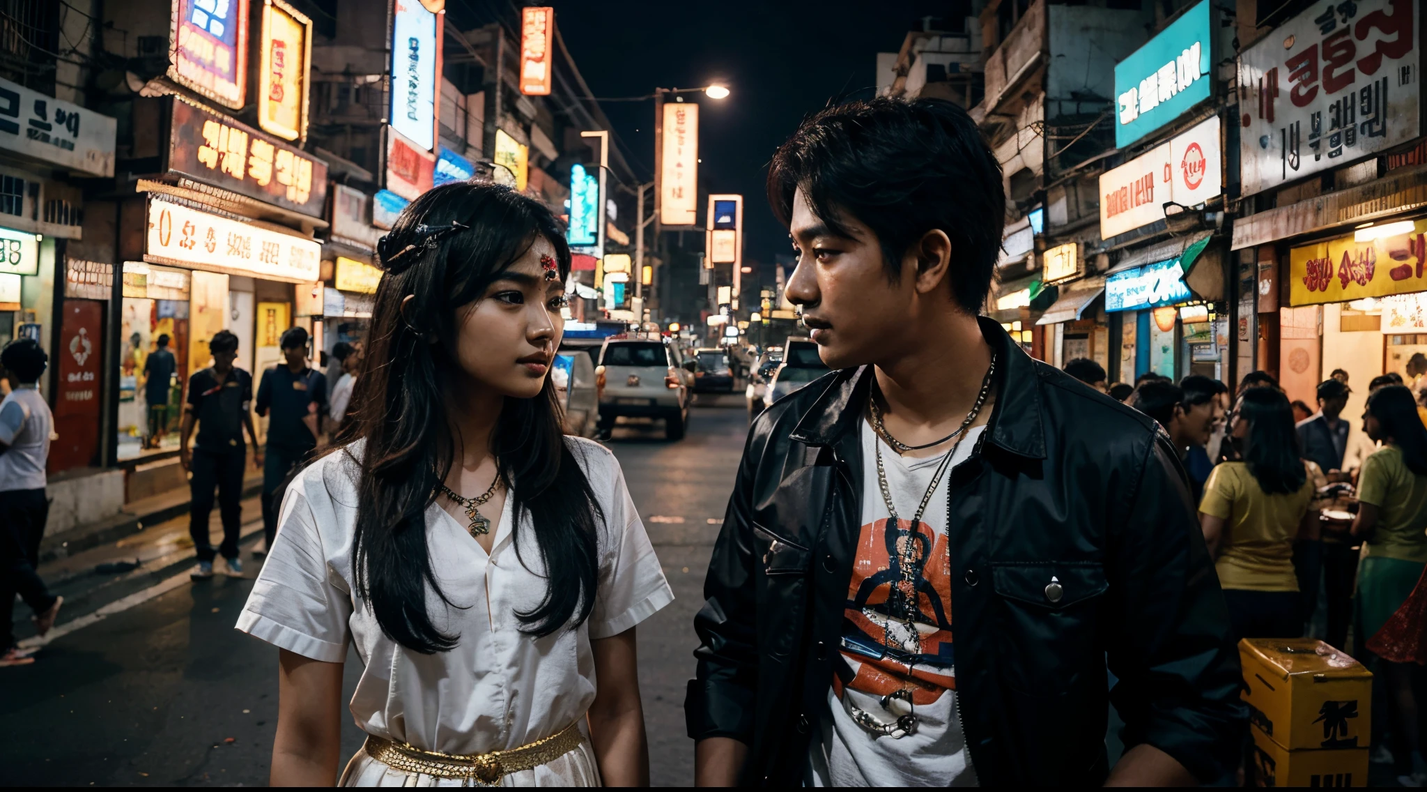 Korean boy in Tamil Nadu traditional outfit with indian girl at night in cyberpunk city