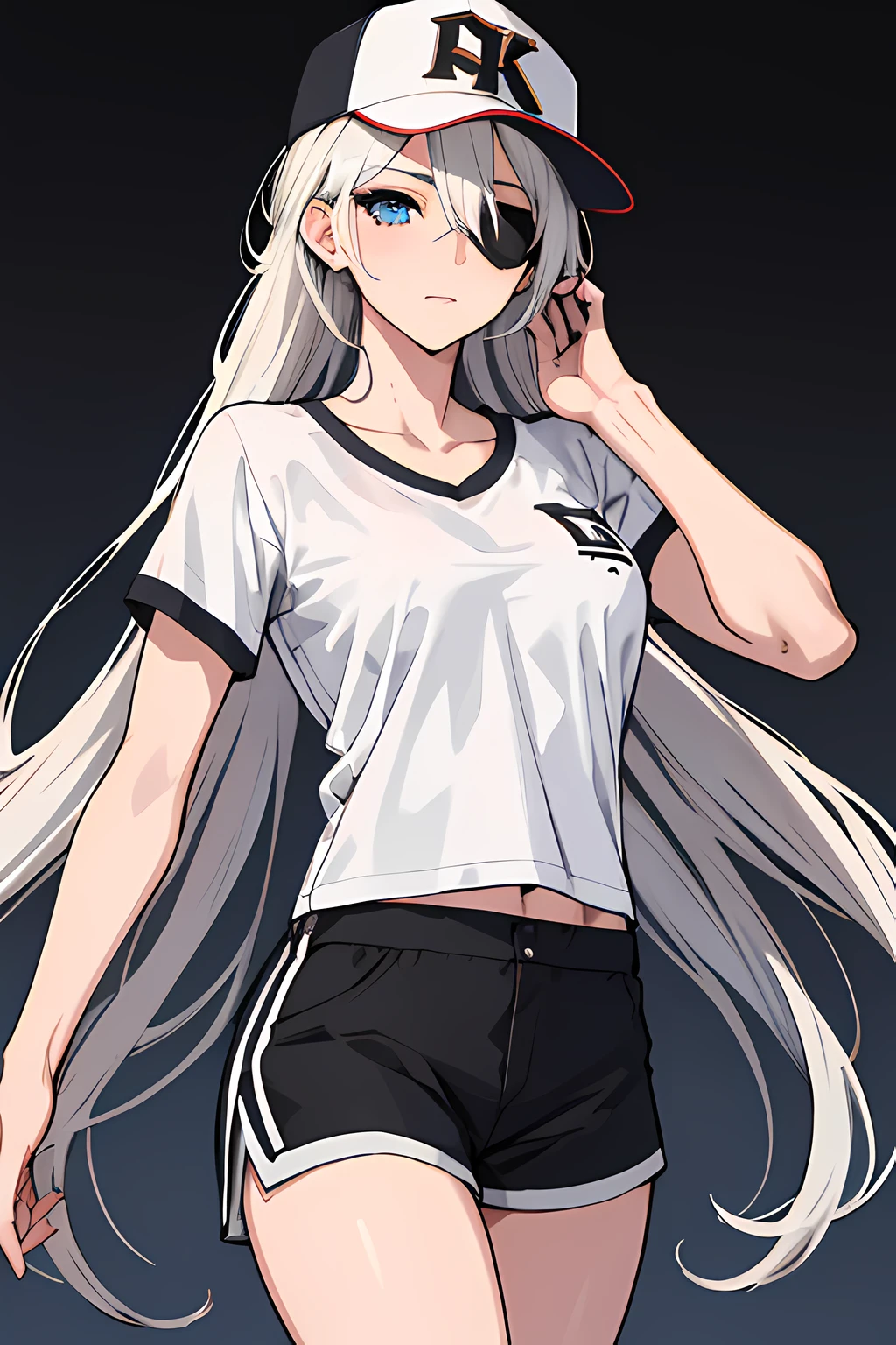 (absurdres, 8k, 4k, masterpiece, hyper extreme detailed:1.2), solo, 1girl, portrait, best quality, expressive eyes, perfect face, portrait, looking at viewer, solo, standing, casual wear, toned, white haired, eye patch, braided hair, long hair, medium breasts, scars, blue eyes, very long hair, military, shorts, white t-shirt, toned body, athletic body, muscular, friendly, calm, graphic t-shirt, medium bust, graphic t-shirt, baseball cap,