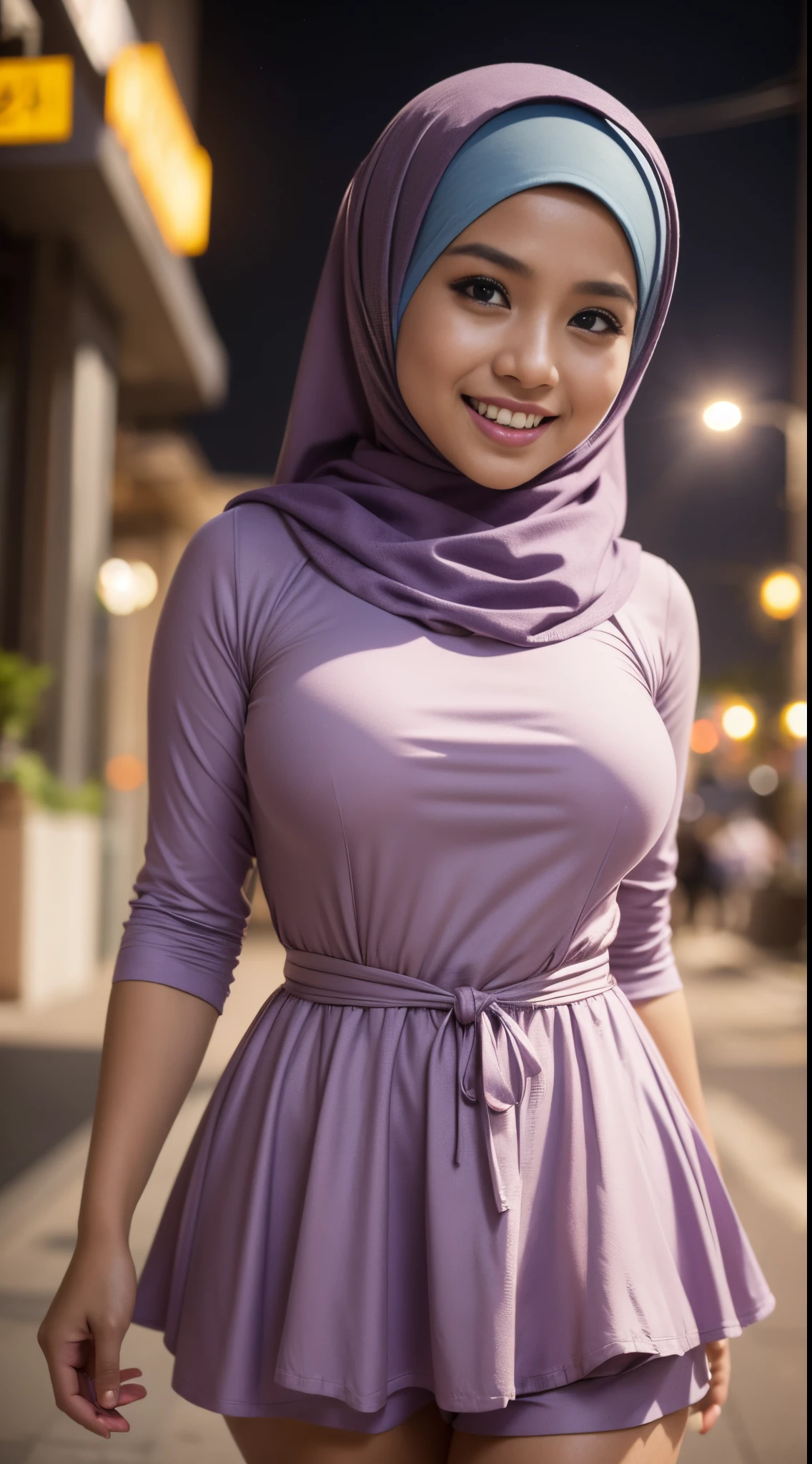 Cute malay girl in hijab wearing lilac maid dress with seducing pose, big smile, laughing, happy, big front teeth, bustling nighttime city, wearing hijab, bright golden color hijab, small tits, small breast, flat chest, wide waist, thick thighs bright lighting, big round ass, cute face, slim abs, 35mm lens, Extreme close-up, pastel color grading, depth of field cinematography effect, romantic film genre, 8k resolution, high quality, ultra detail,