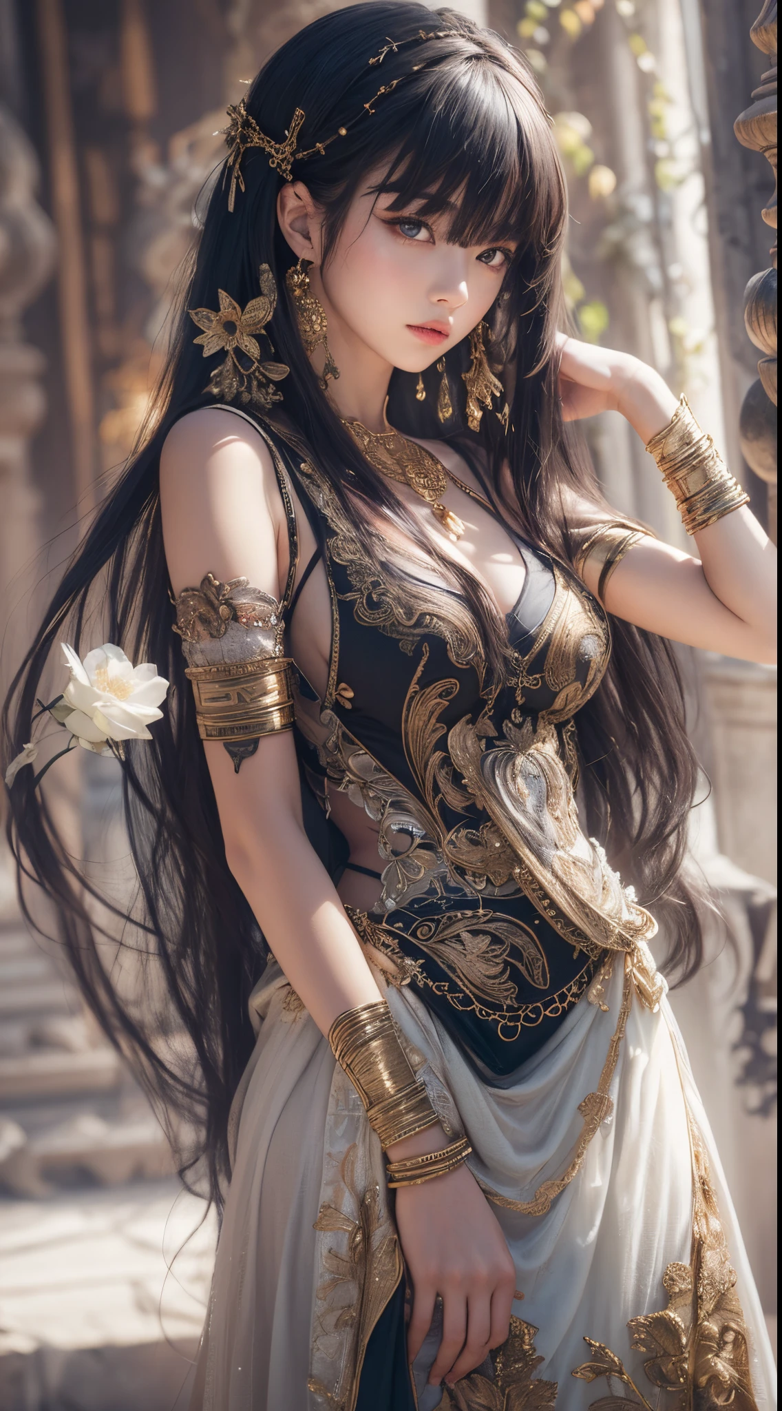 1girls,goddesses,Venus,Delicate and beautiful face,Medium long black hair,flowy,full breast,Convex buttocks,Roman skirt,perfectly proportioned, Detailed clothing details,Temple,arena,wonderland,Cinematic lighting, filmgrain, Fujicolor, light and darkcontrast, 8K, 巨作, Textured skin, Super detail, High detail, High quality, high resolucion,