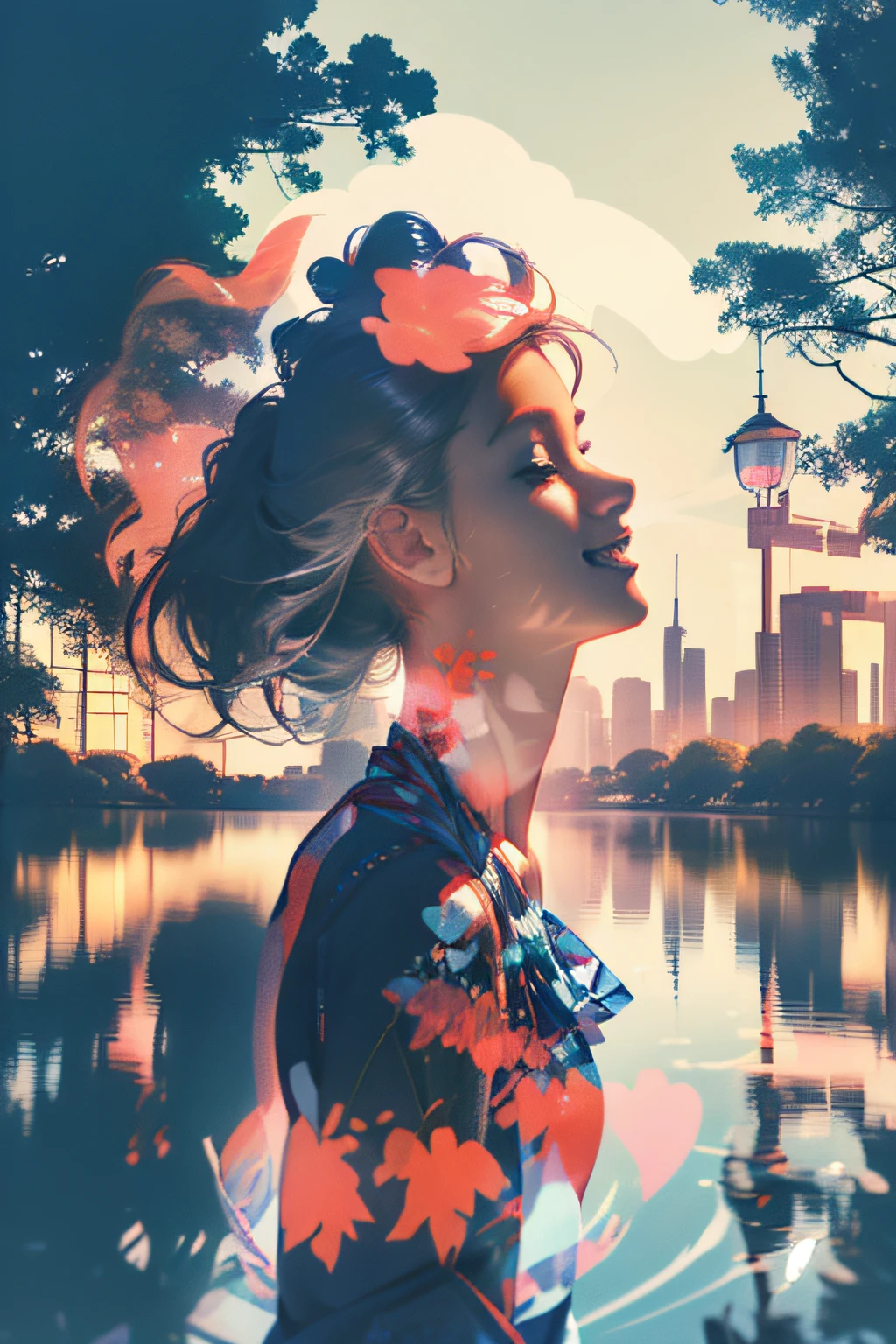 photoRealstic、((Super multiple exposure effect where the background can be seen through the clothes))、girl with、A smile、Lakeside in the background、Wonderful、towards the night view, If you leave the shutter open for a long time、create a line of light.