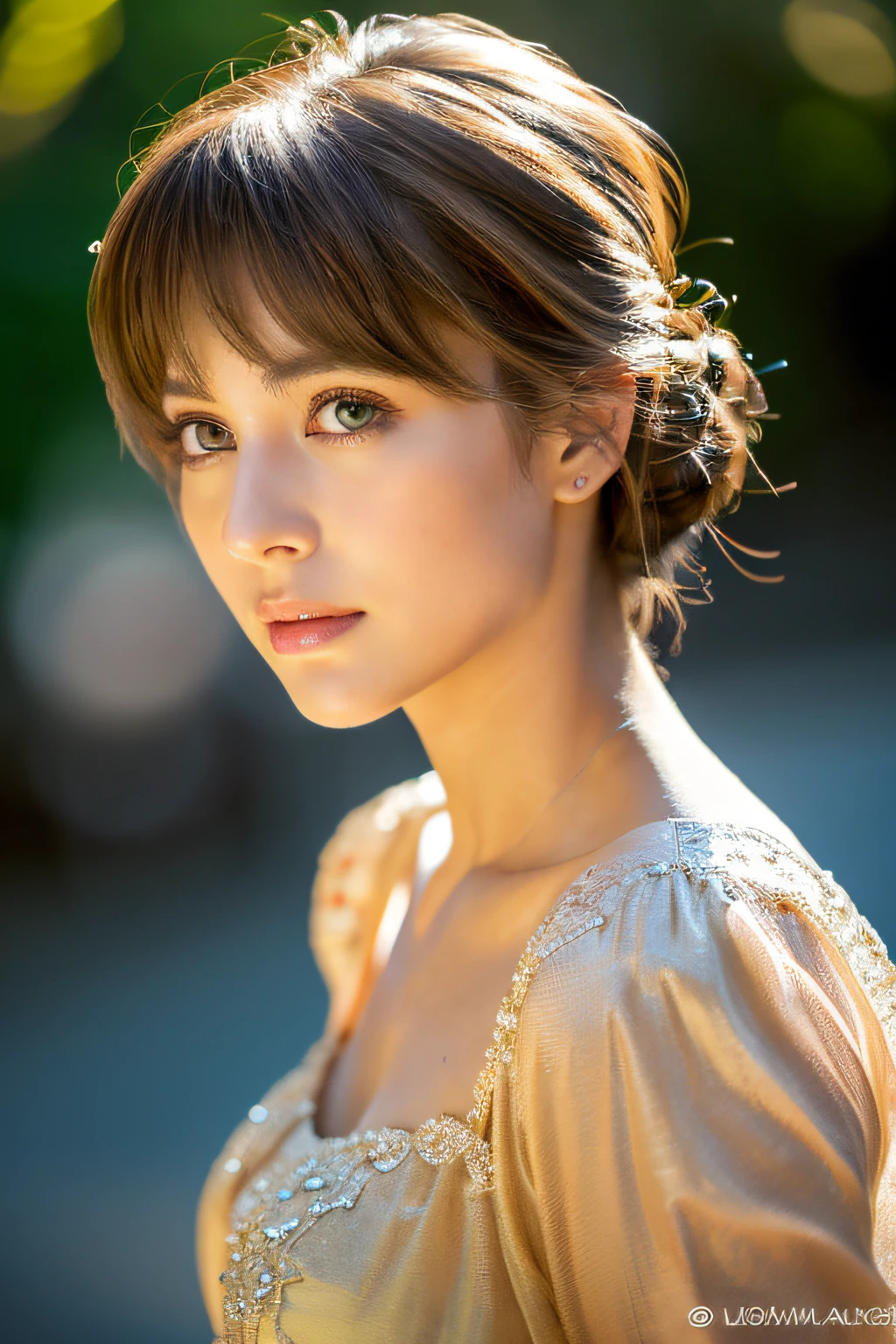 masutepiece, Highest Quality, ultra-detailliert, High resolution, (Realistic, Photorealsitic:1.37), Good anatomy, 1 beautiful woman, Voluminous updo, Natural wavy shape, a pixie cut, Look at viewers, (Cinematic:0.7), depth of fields, outside of house, Night time, (Frontal character:1.3), Ivory hair, Golden Eyes, ((Upper body)), best light, Best Shadow, Mysterious, Perfect face, Highly detailed,