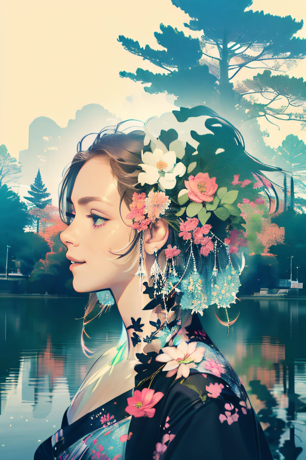 A woman with a flowered headpiece standing in front of a lake - SeaArt AI