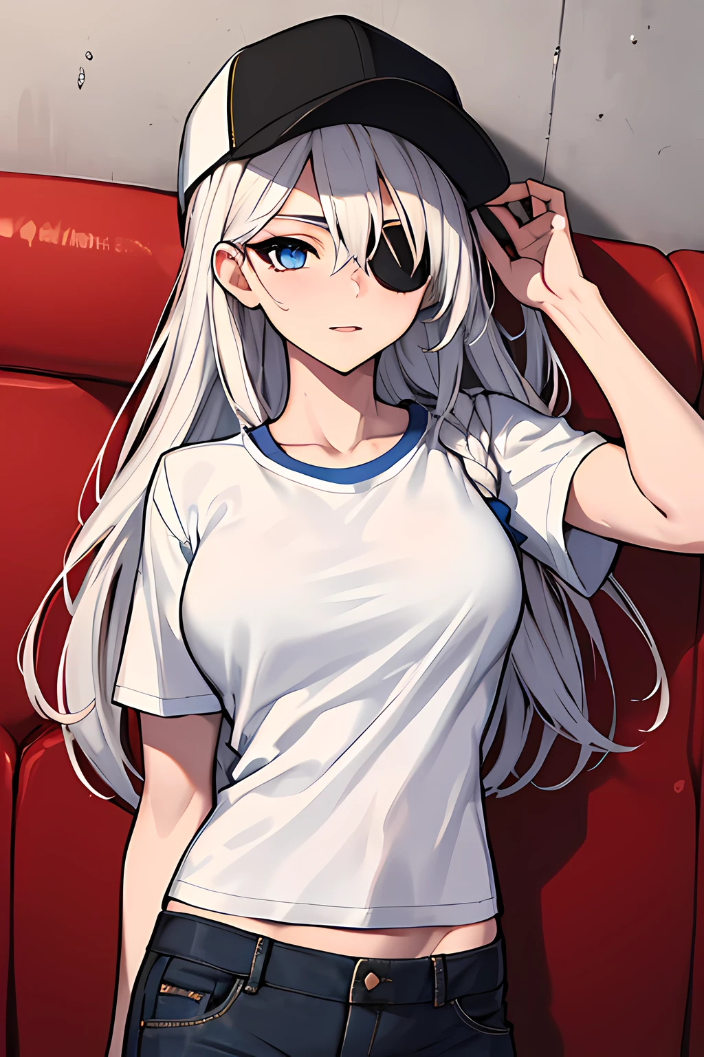 (absurdres, 8k, 4k, masterpiece, hyper extreme detailed:1.2), solo, 1girl, portrait, best quality, expressive eyes, perfect face, portrait, looking at viewer, solo, standing, casual wear, toned, white haired, eye patch, braided hair, long hair, medium breasts, scars, blue eyes, very long hair, military, shorts, white t-shirt, toned body, athletic body, muscular, friendly, calm, graphic t-shirt, medium bust, graphic t-shirt, baseball cap,