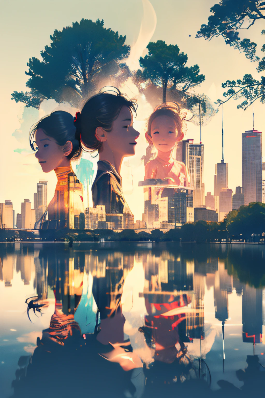 photoRealstic、((Super multiple exposure effect where the background can be seen through the clothes))、girl with、A smile、Lakeside in the background、Wonderful、towards the night view, If you leave the shutter open for a long time、create a line of light.