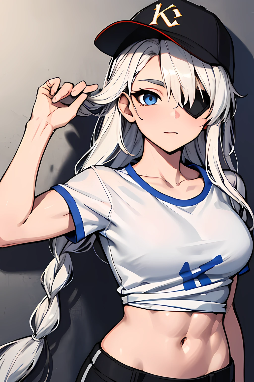 (absurdres, 8k, 4k, masterpiece, hyper extreme detailed:1.2), solo, 1girl, portrait, best quality, expressive eyes, perfect face, portrait, looking at viewer, solo, standing, casual wear, toned, white haired, eye patch, braided hair, long hair, medium breasts, scars, blue eyes, very long hair, military, shorts, white t-shirt, toned body, athletic body, muscular, friendly, calm, graphic t-shirt, medium bust, graphic t-shirt, baseball cap,