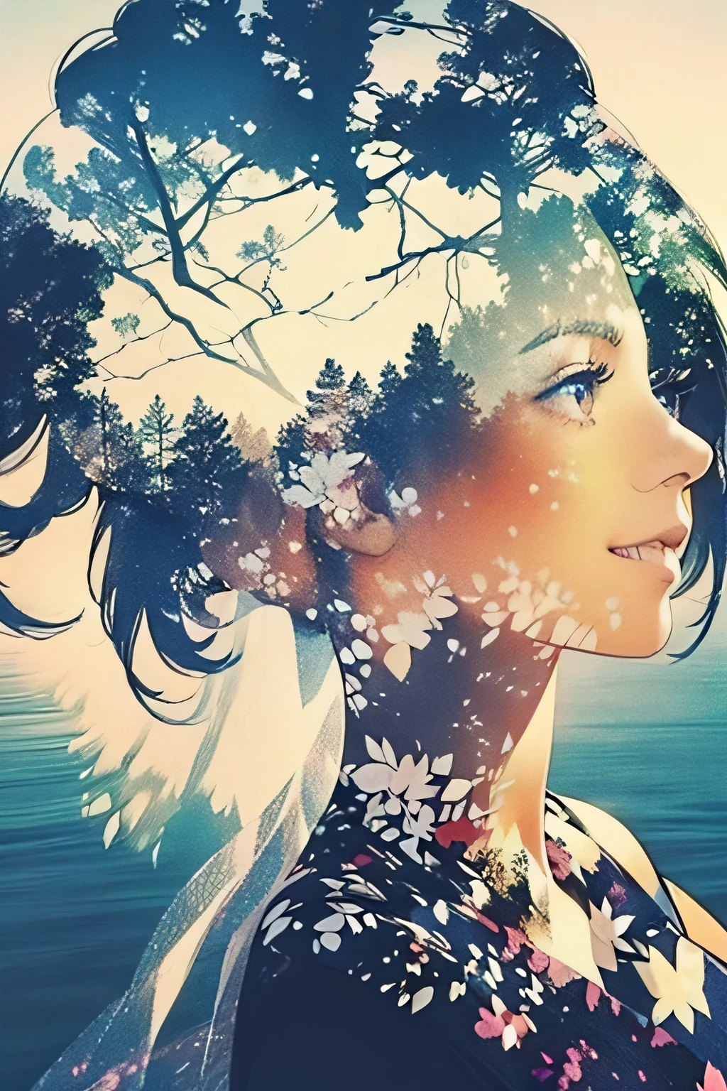 photoRealstic、((Super multiple exposure effect where the background can be seen through the clothes))、girl with、A smile、Lakeside in the background、Wonderful、towards the night view, If you leave the shutter open for a long time、create a line of light.