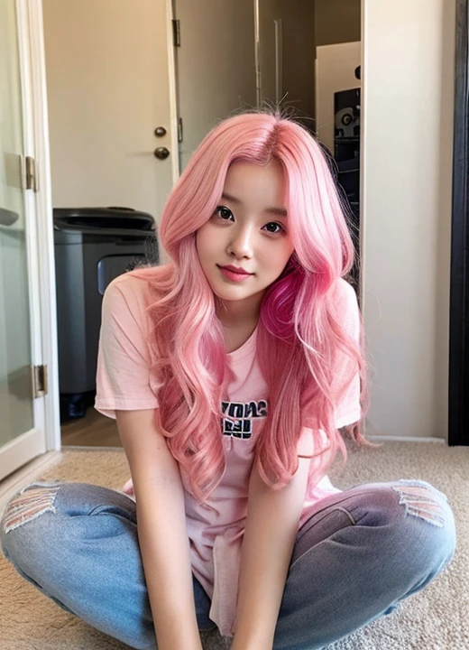 gamer girl, vibrant pink hair, long hair, makeup, dog