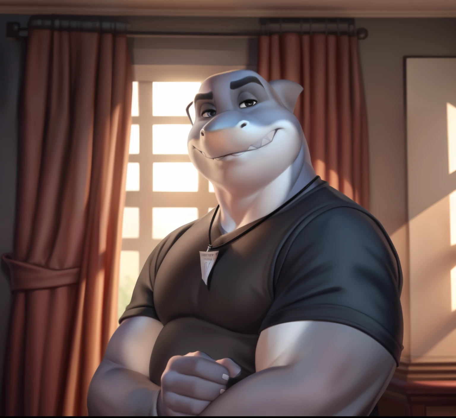 mr shark, plump, fat, belly, black eyes, (pose:1.osing:1.3), (soft shading), 4k, hi res, five fingers, detailed hands, ((detailed face, (detailed eyes:1.0), detailed)), (full body), by zackarry911, by zaush, (by personalami:0.5),  looking at viewer, 1boy, wild shoulders, nsked torso, black pants, dark blue shoes, male focus, pants, black shirt, dog tags, gray pants, giant head, huge head, big head