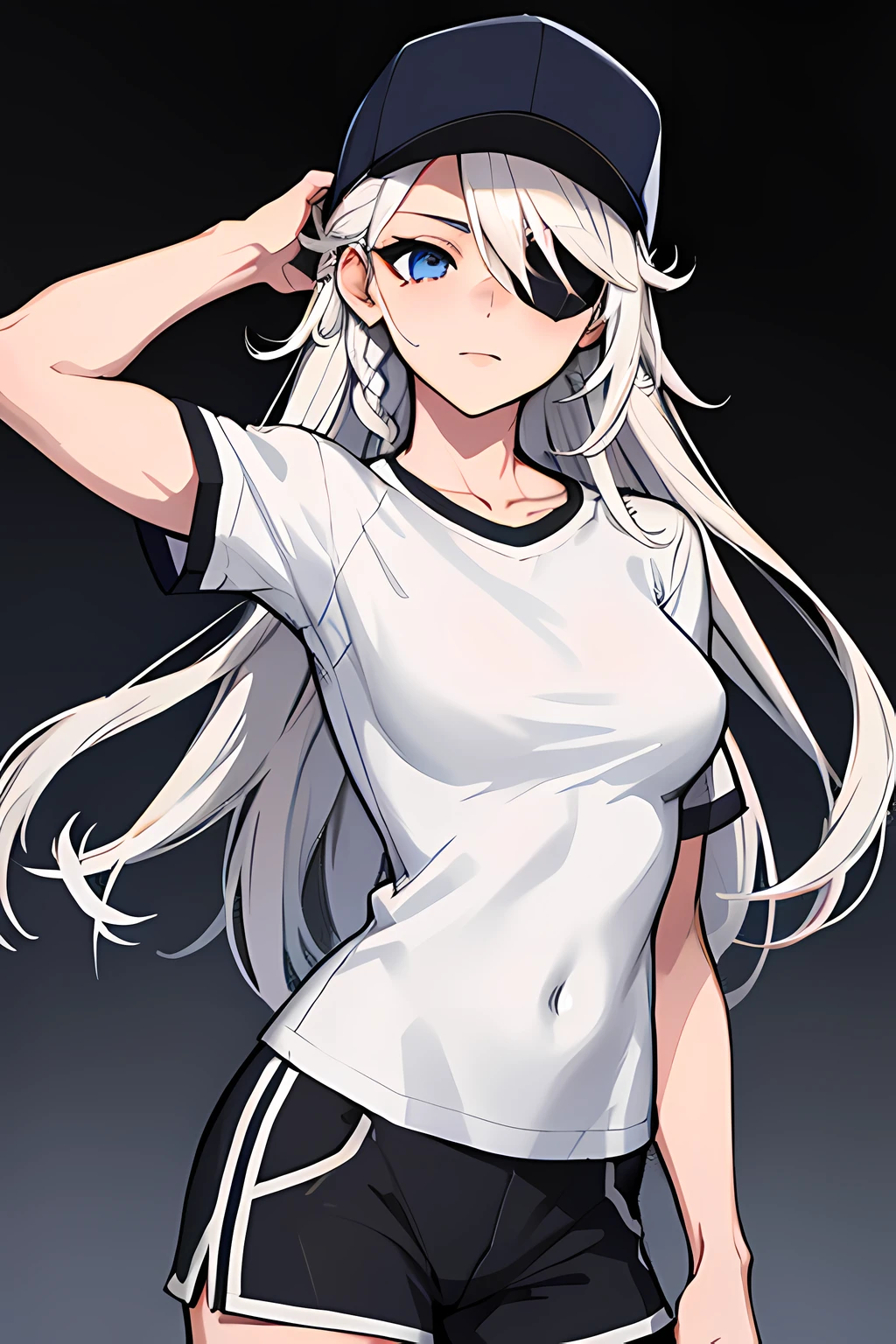 (absurdres, 8k, 4k, masterpiece, hyper extreme detailed:1.2), solo, 1girl, portrait, best quality, expressive eyes, perfect face, portrait, looking at viewer, solo, standing, casual wear, toned, white haired, eye patch, braided hair, long hair, medium breasts, scars, blue eyes, very long hair, military, shorts, white t-shirt, toned body, athletic body, muscular, friendly, calm, graphic t-shirt, medium bust, graphic t-shirt, baseball cap,