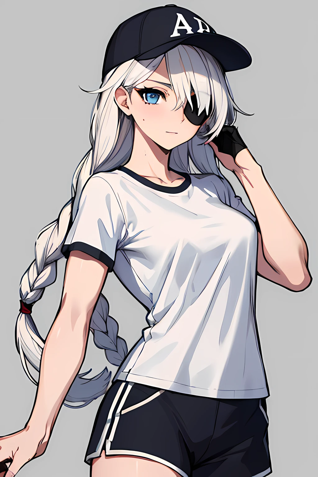 (absurdres, 8k, 4k, masterpiece, hyper extreme detailed:1.2), solo, 1girl, portrait, best quality, expressive eyes, perfect face, portrait, looking at viewer, solo, standing, casual wear, toned, white haired, eye patch, braided hair, long hair, medium breasts, scars, blue eyes, very long hair, military, shorts, white t-shirt, toned body, athletic body, muscular, friendly, calm, graphic t-shirt, medium bust, graphic t-shirt, baseball cap,