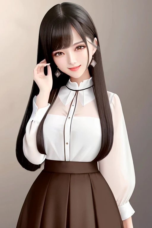 high-level image quality、８ｋ、very close to reality、portlate、sheer white blouse、Her hair is long black and straight.、Eyes are large and brown、Smiling、The skirt is mini tight、adorable smiling、