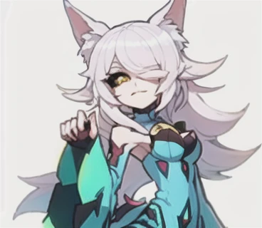 Cartoon drawing of a woman with white hair and a green sweater, [[[[sonriendo malvado]]]], Hembra Fursona, Chica de anime con cabello verde azulado, Anime Catgirl, Fursona!!!!, zorro blanco de pelo, Holo es una chica lobo, Fursona con ropa elegante, Chica anime con orejas de gato, en un estilo anime, unknown artstyle