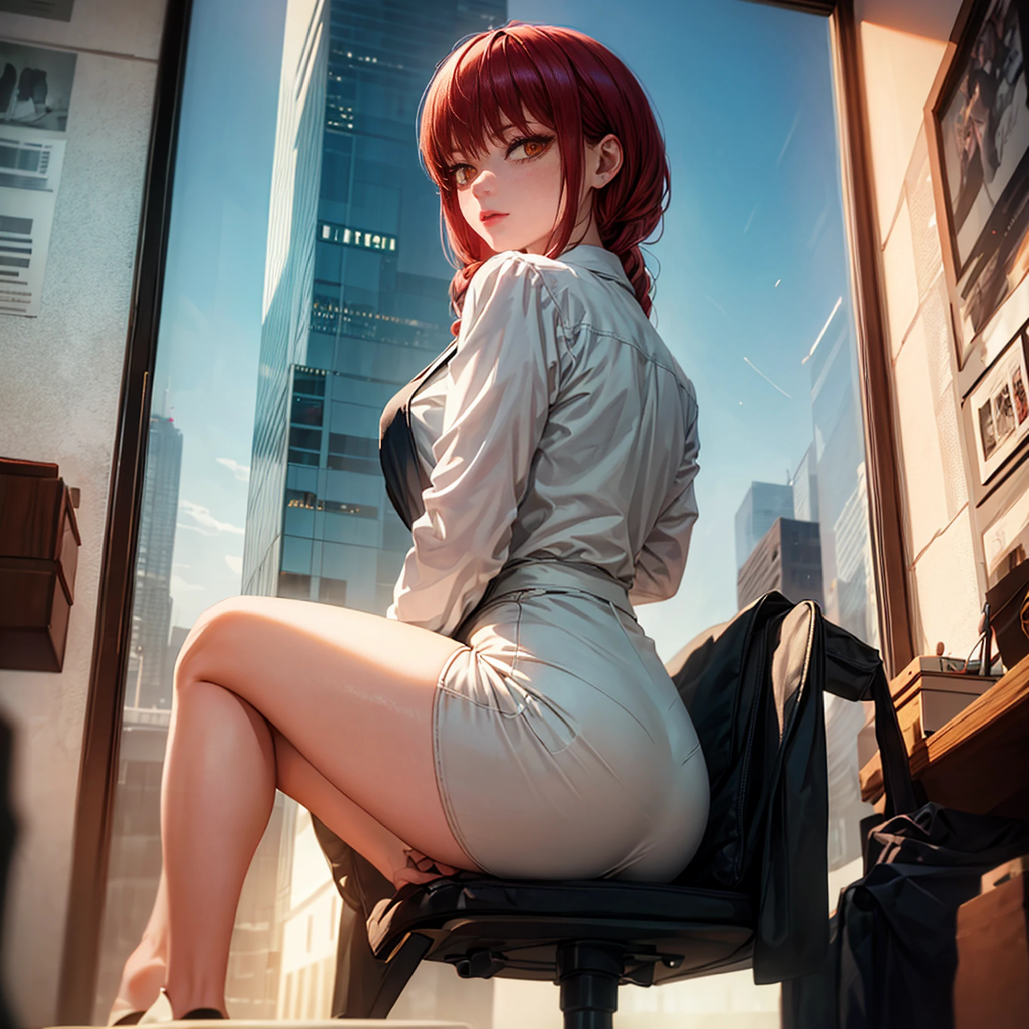 Surreal, Super detailed and sexy Makima, NSFW, The content is very detailed, The expression is sexy, details on facial expressions: 1.4): 0.4], 16K resolution, 4K分辨率, 动态照明, high definition resolution, (A sexy pose, location attack), (hyper realisitc: 1.4), (The light from the rear window is backlit: 1.2), (sun light: 1), (Prenot: 1.8),(contrasting background: 1.5), (self-expression), (light movie: 1.7), (Yintai Department Store), (TechnologyNVIDIA RTX Ray Tracing),(Ventre plat parfait), (Image color),Create a 4K resolution, Surreal, Extremely detailed artwork，Corporate office environment Trojan CEO style description，provocation. Makima is the central figure in the artwork, Known for his commanding demeanor and bold appearance. She is sitting at her executive desk in a modern office，Large windows offer views of the city.

Makima has a commanding presence. She has a provocative yet professional silhouette, Wear a well-tailored business suit，subtly highlights her figure. Her makeup is bold, With eye-catching red lips and eye-catching eyes.

she dresses provocatively,  A bold fashion statement. Her suit is well cut, The slightly low-cut blazer added a touch of power to her outfit.. Pencil skirt highlights elegance，High heels show authority. Her jewelry is exquisite, Add a touch of charm to her overall look.