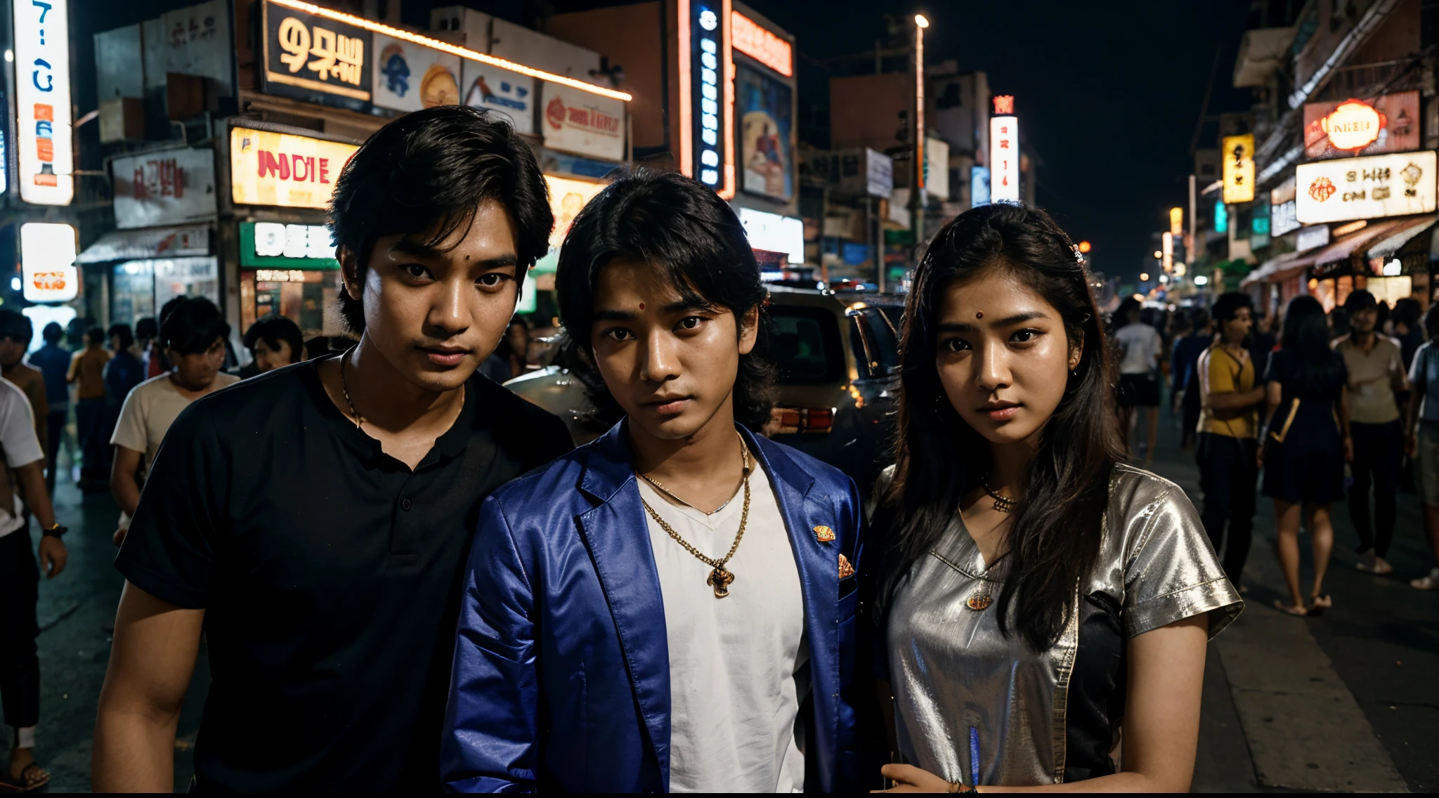 Korean boy in Tamil Nadu traditional outfit  with indian girl at night in cyberpunk city