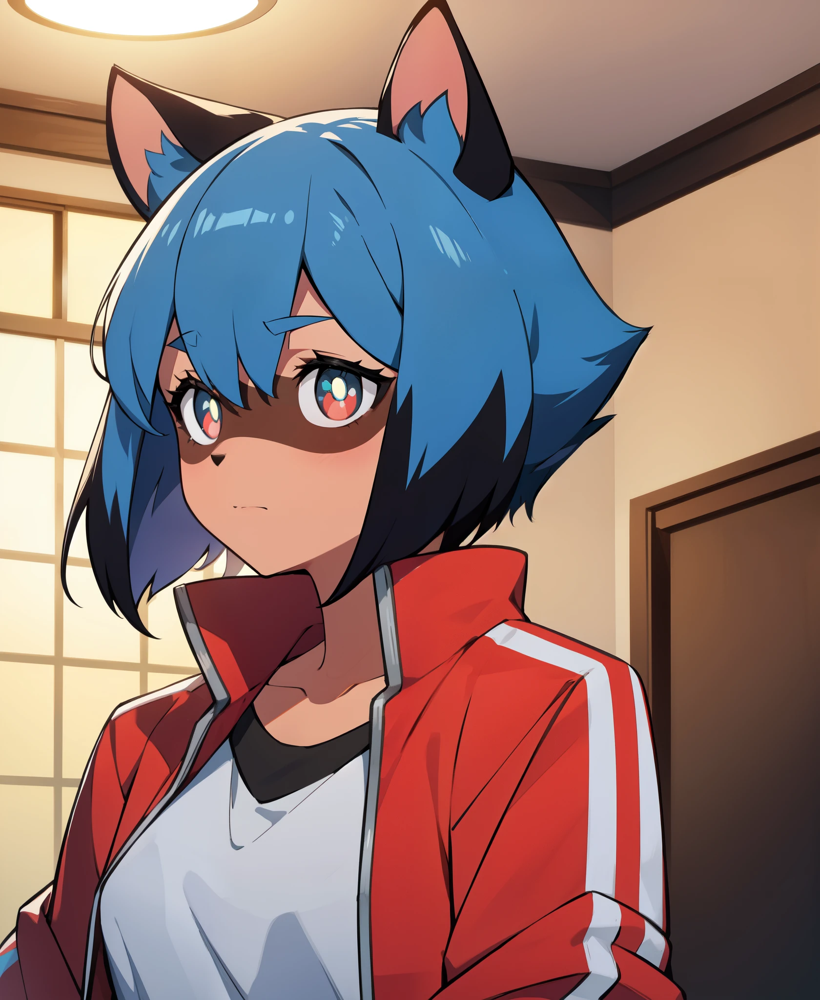 BNA masterpiece, best quality, 1girl, animal ears, solo, red jacket, jacket, furry, raccoon ears, furry female, blue hair, short hair, raccoon girl, closed mouth, shirt, upper body, multicolored hair, track jacket, indoors, body fur, multicolored eyes, black hair, white shirt, two-tone hair, looking to the side, bangs, hair between eyes, open clothes, animal nose