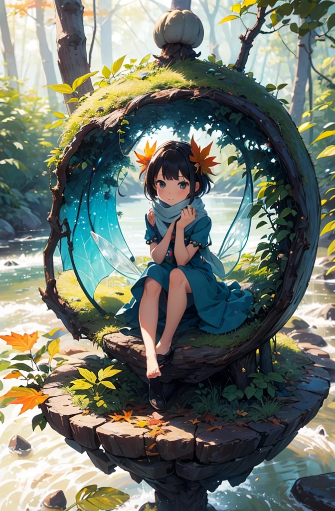 depict a whimsical and enchanting scene of a cute little fairy wearing a scarf and cute dress ((sitting on a leaf) resting in a (forest), fall season, small river,